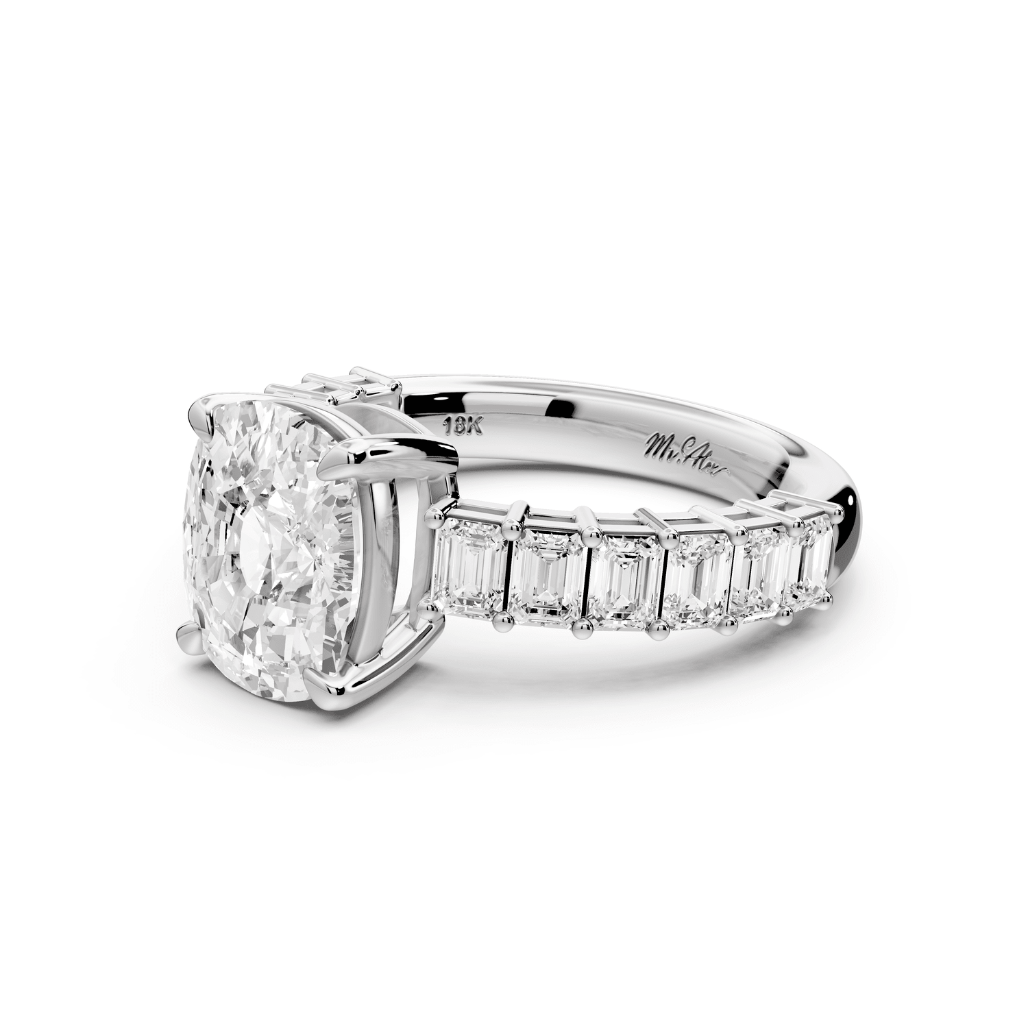 Violetta - 3ct 14k white gold ecushion diamond with emerald cut accent stones engagement ring - Mr. Alex Jewelry