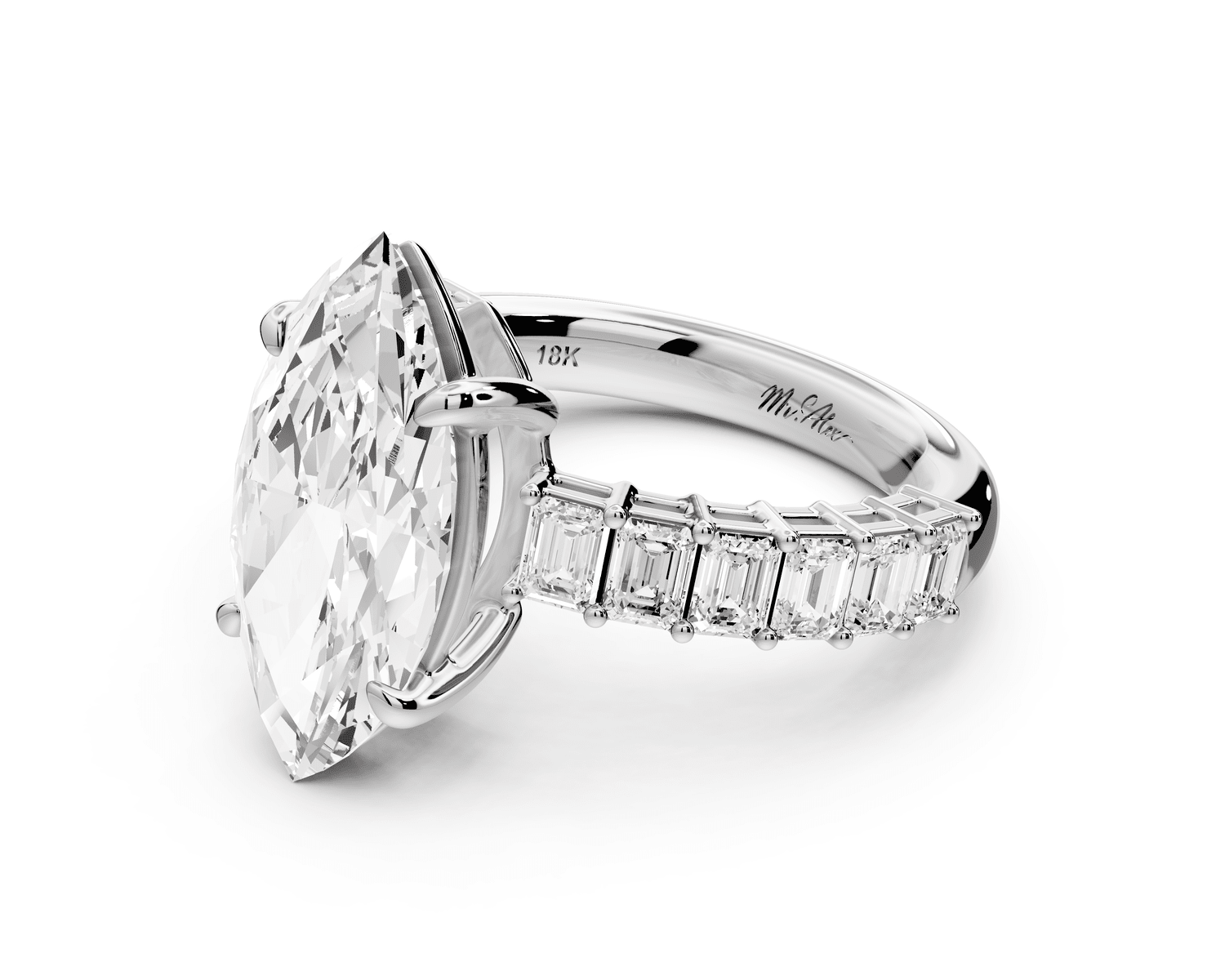 Violetta - 3ct 14k white gold marquise diamond with emerald cut accent stones engagement ring - Mr. Alex Jewelry