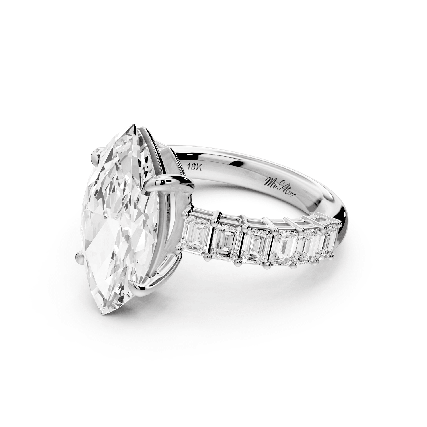 Violetta - 3ct 14k white gold marquise diamond with emerald cut accent stones engagement ring - Mr. Alex Jewelry
