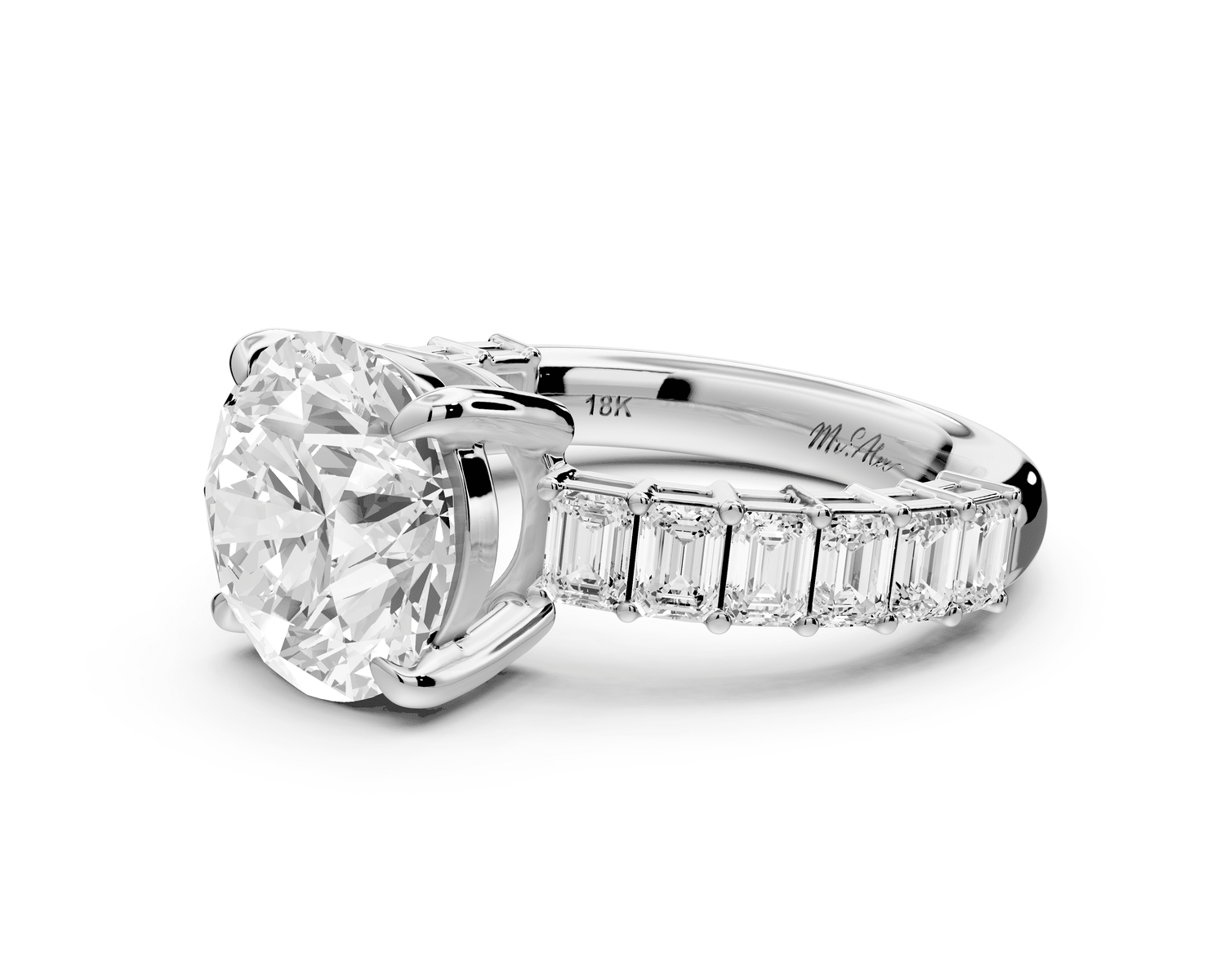 Violetta - 3ct 14k white gold round diamond with emerald cut accent stones engagement ring - Mr. Alex Jewelry