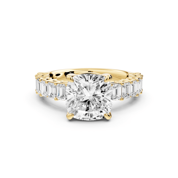 Violetta - 3ct 14k yellow gold cushion diamond with emerald cut accent stones engagement ring - Mr. Alex Jewelry