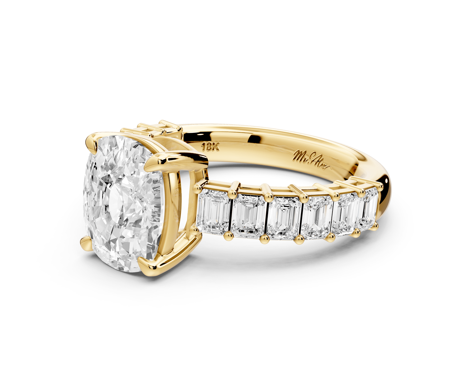 Violetta - 3ct 14k yellow gold ecushion diamond with emerald cut accent stones engagement ring - Mr. Alex Jewelry