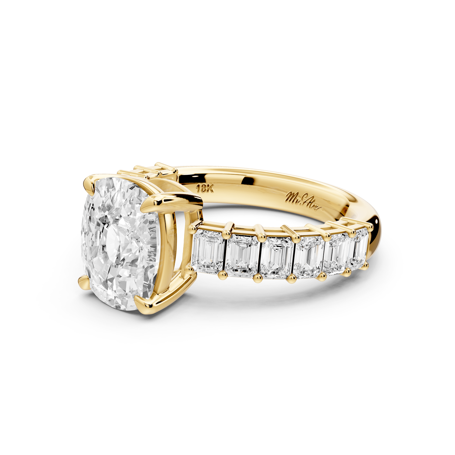 Violetta - 3ct 14k yellow gold ecushion diamond with emerald cut accent stones engagement ring - Mr. Alex Jewelry