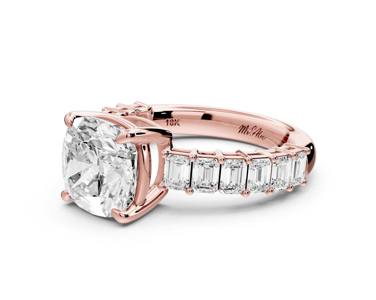 Violetta - 3ct 18k rose gold cushion diamond with emerald cut accent stones engagement ring - Mr. Alex Jewelry