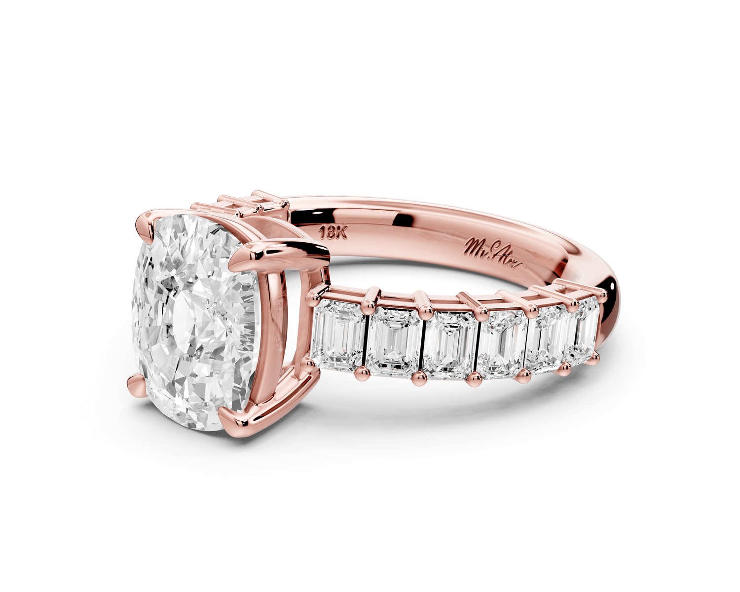 Violetta - 3ct 18k rose gold ecushion diamond with emerald cut accent stones engagement ring - Mr. Alex Jewelry