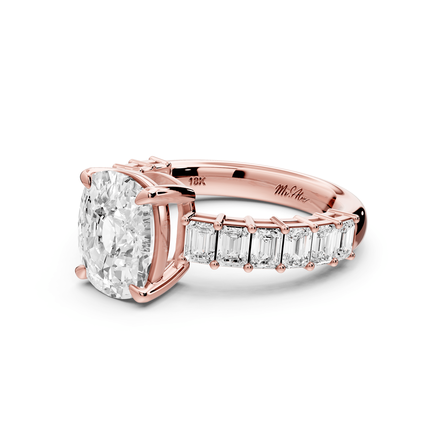 Violetta - 3ct 18k rose gold ecushion diamond with emerald cut accent stones engagement ring - Mr. Alex Jewelry
