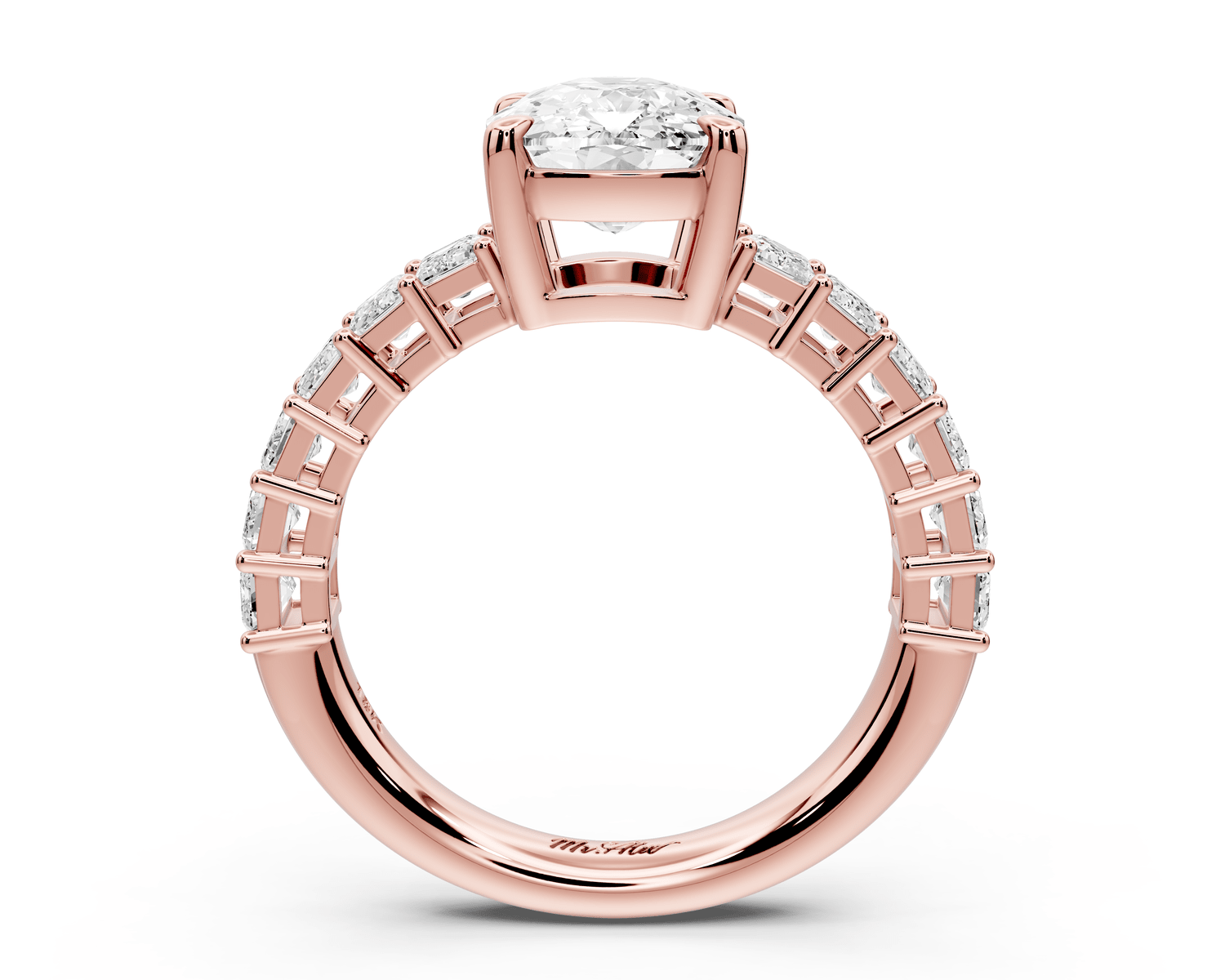 Violetta - 3ct 18k rose gold ecushion diamond with emerald cut accent stones engagement ring - Mr. Alex Jewelry
