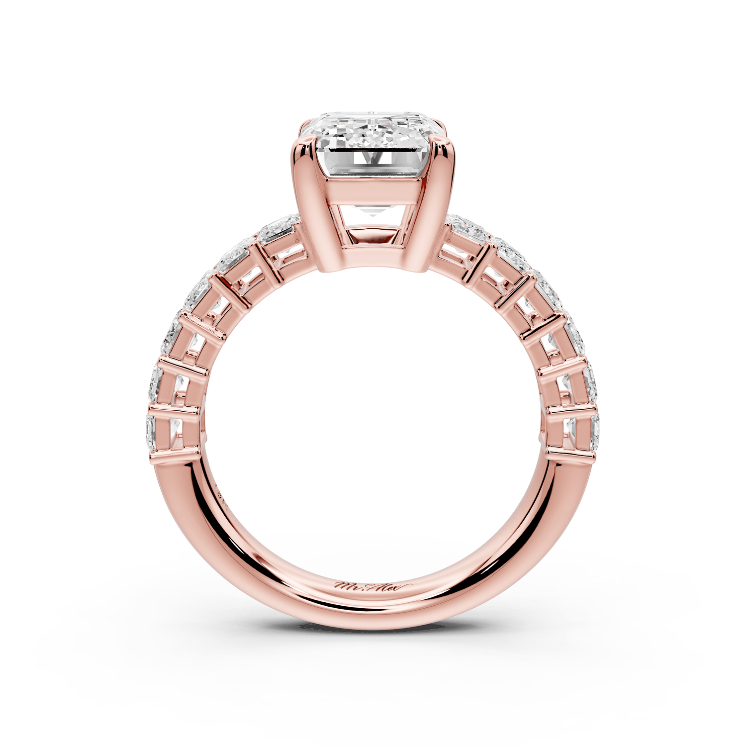 Violetta - 3ct 18k rose gold emerald diamond with emerald cut accent stones engagament ring - Mr. Alex Jewelry