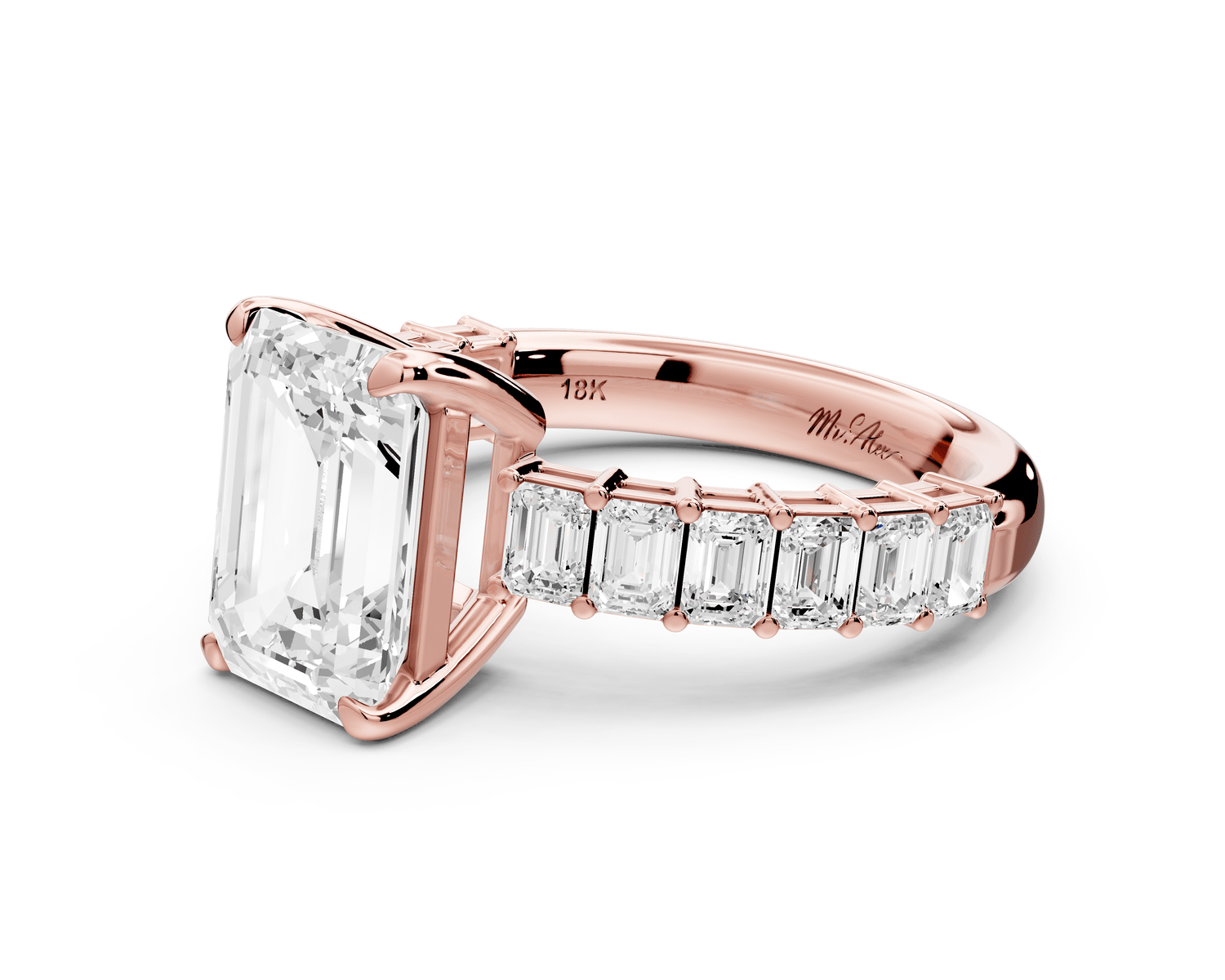 Violetta - 3ct 18k rose gold emerald diamond with emerald cut accent stones engagament ring - Mr. Alex Jewelry