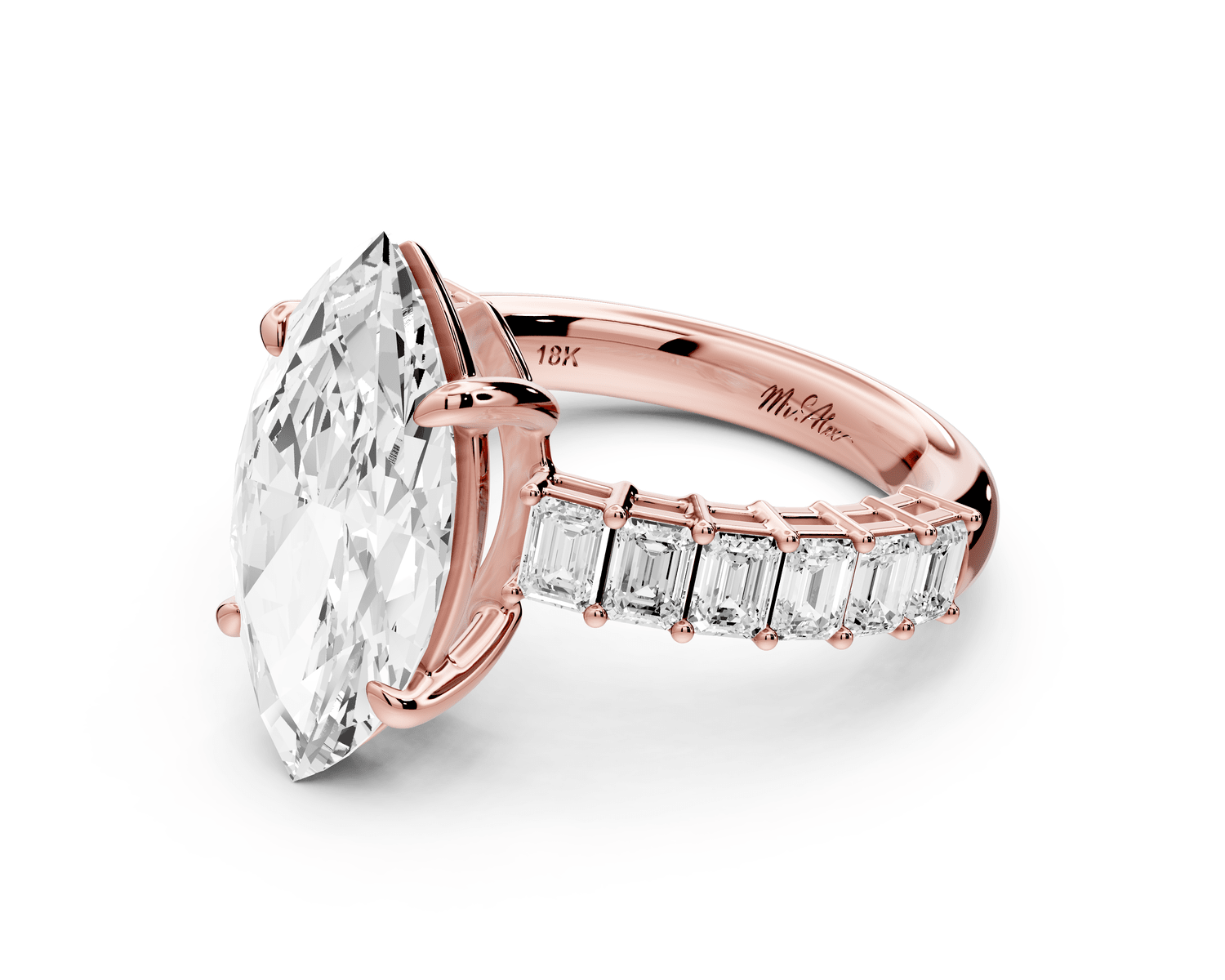 Violetta - 3ct 18k rose gold marquise diamond with emerald cut accent stones engagement ring - Mr. Alex Jewelry