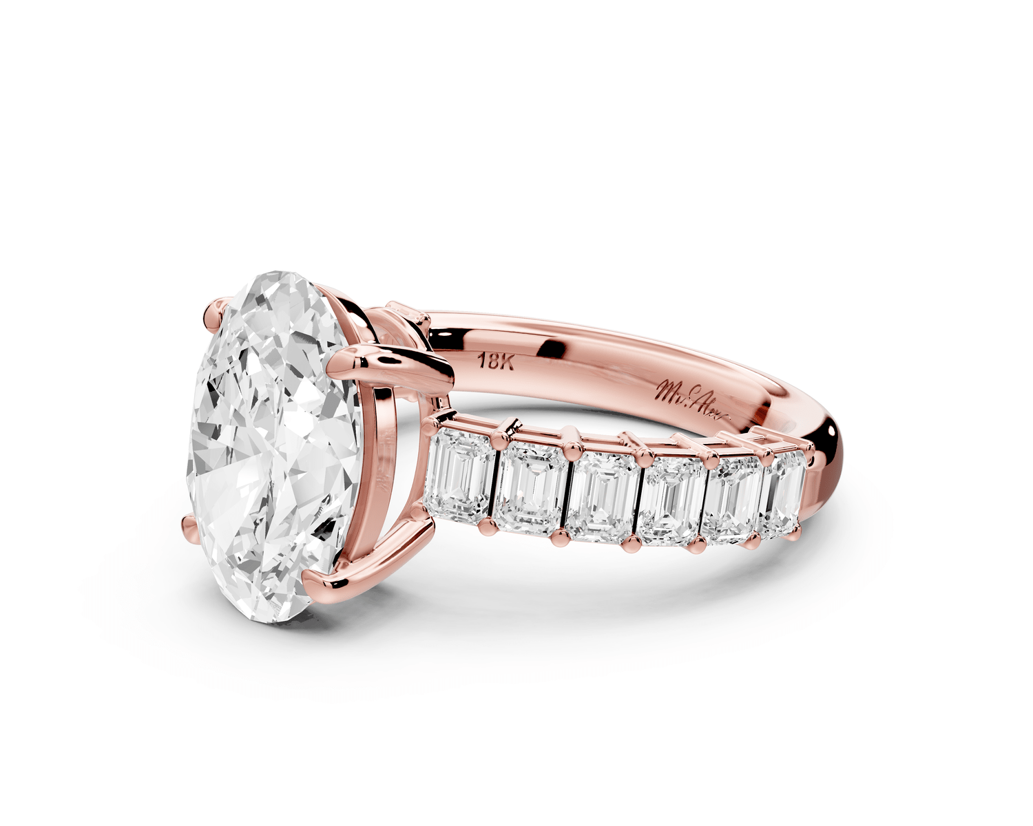 Violetta - 3ct 18k rose gold oval diamond with emerald cut accent stones engagament ring - Mr. Alex Jewelry