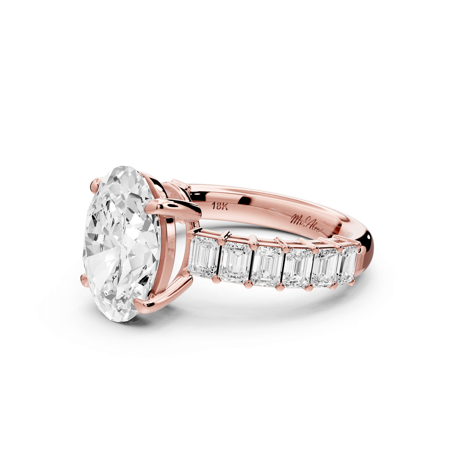 Violetta - 3ct 18k rose gold oval diamond with emerald cut accent stones engagament ring - Mr. Alex Jewelry