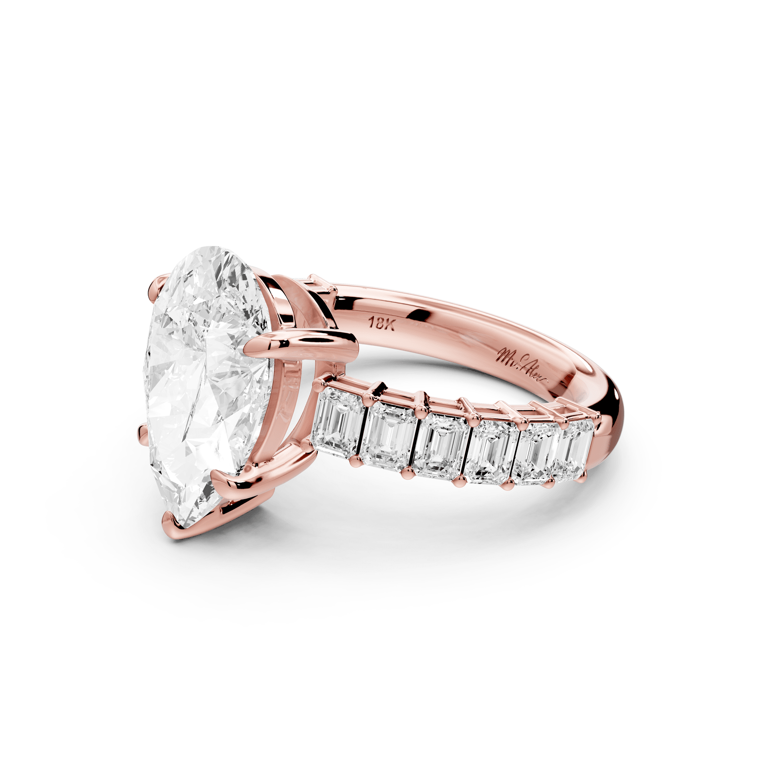 Violetta - 3ct 18k rose gold pear diamond with emerald cut accent stones engagament ring - Mr. Alex Jewelry