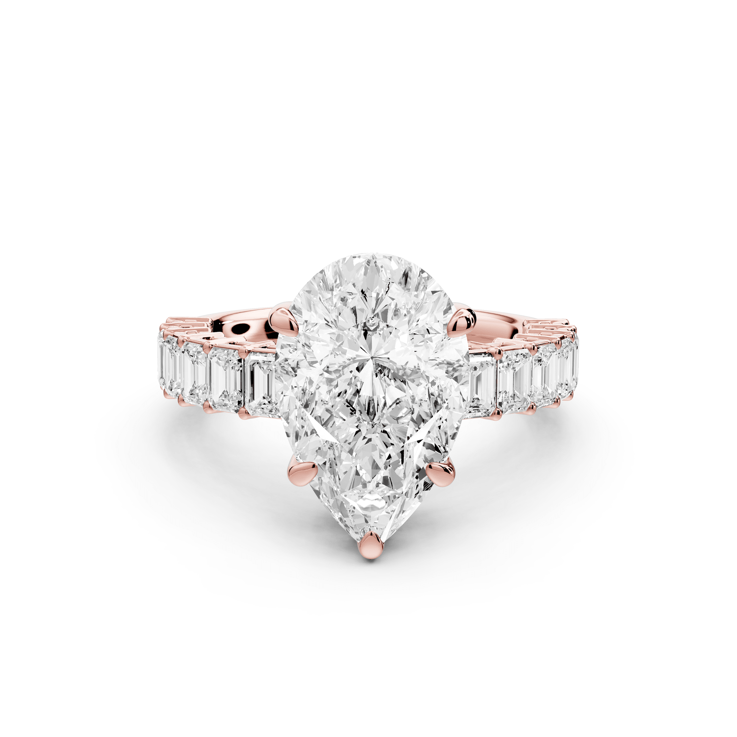 Violetta - 3ct 18k rose gold pear diamond with emerald cut accent stones engagament ring - Mr. Alex Jewelry