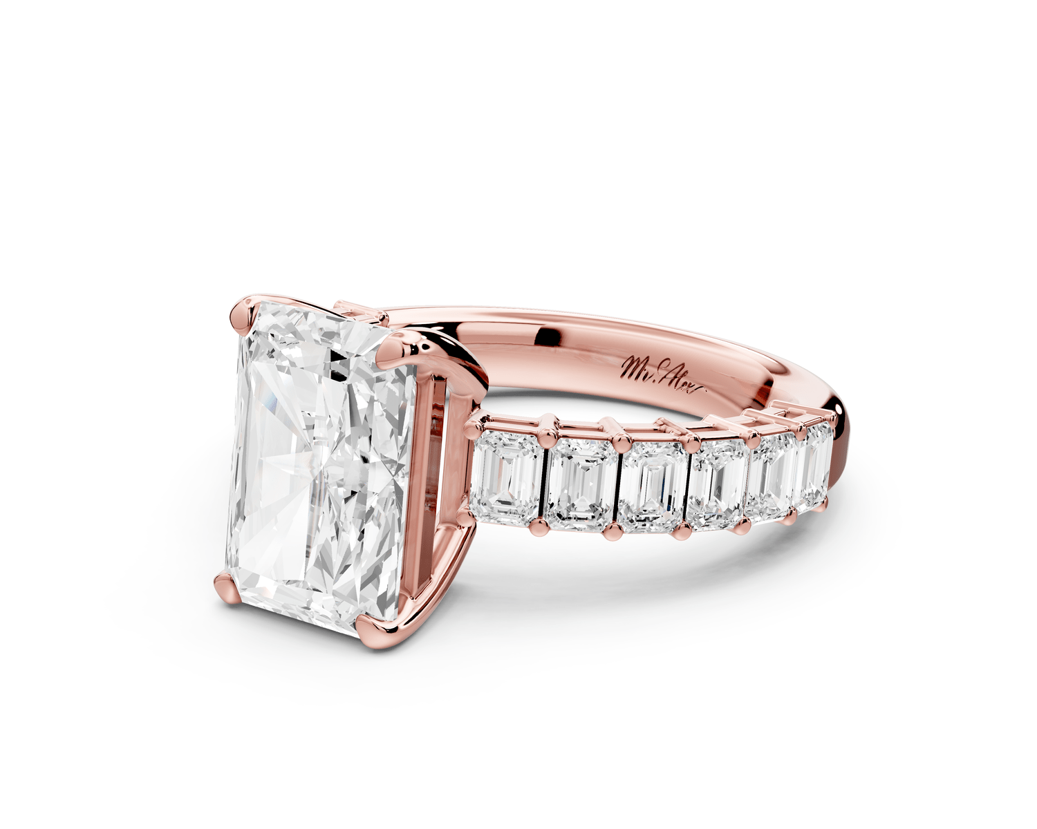 Violetta - 3ct 18k rose gold radiant diamond with emerald cut accent stones engagement ring - Mr. Alex Jewelry