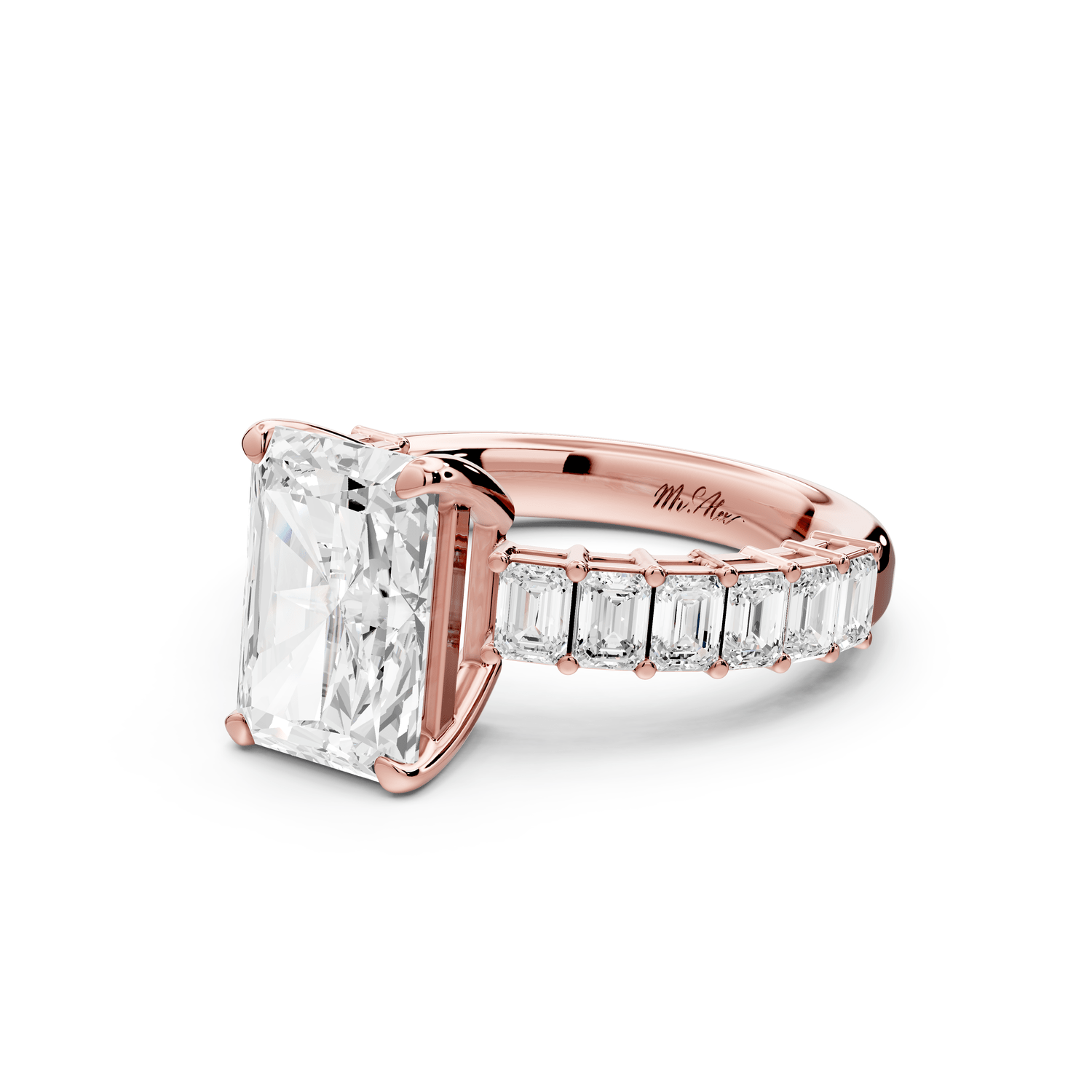 Violetta - 3ct 18k rose gold radiant diamond with emerald cut accent stones engagement ring - Mr. Alex Jewelry