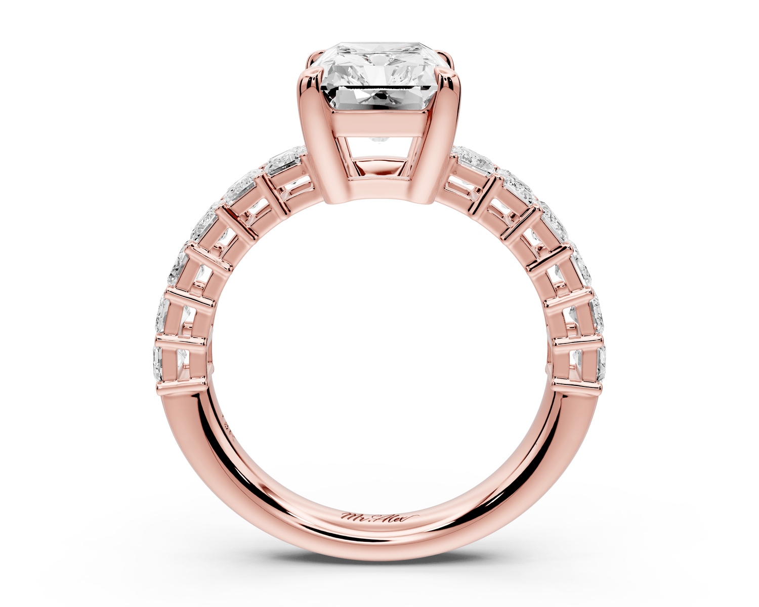 Violetta - 3ct 18k rose gold radiant diamond with emerald cut accent stones engagement ring - Mr. Alex Jewelry