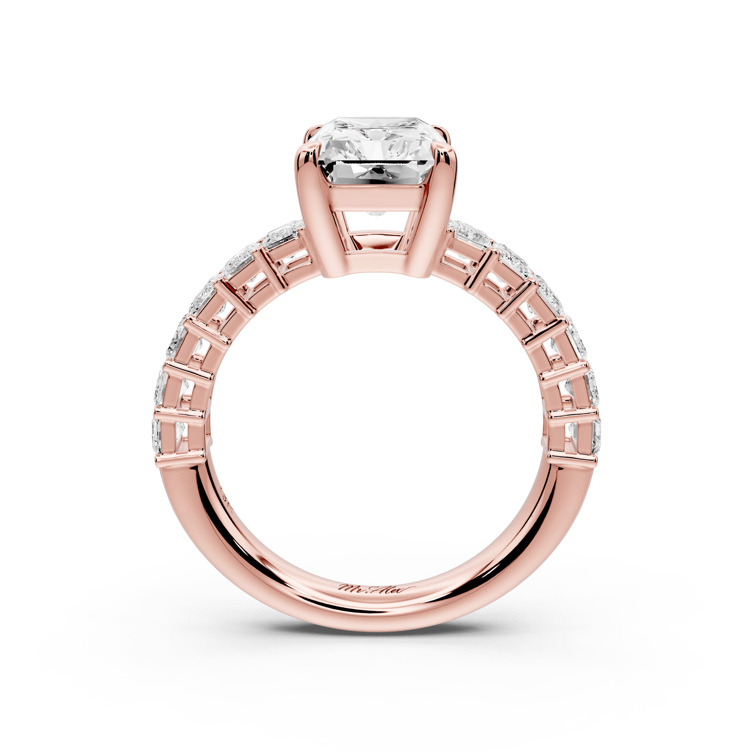 Violetta - 3ct 18k rose gold radiant diamond with emerald cut accent stones engagement ring - Mr. Alex Jewelry
