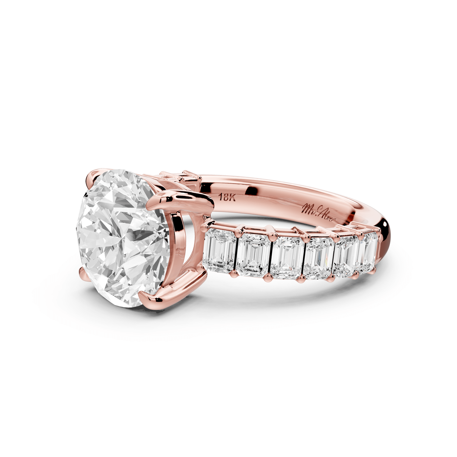 Violetta - 3ct 18k rose gold round diamond with emerald cut accent stones engagement ring - Mr. Alex Jewelry