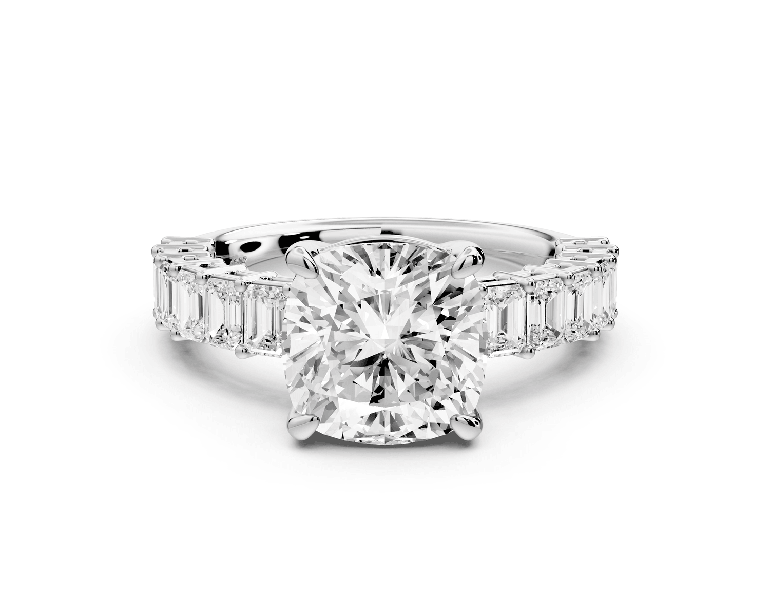 Violetta - 3ct 18k white gold cushion diamond with emerald cut accent stones engagement ring - Mr. Alex Jewelry