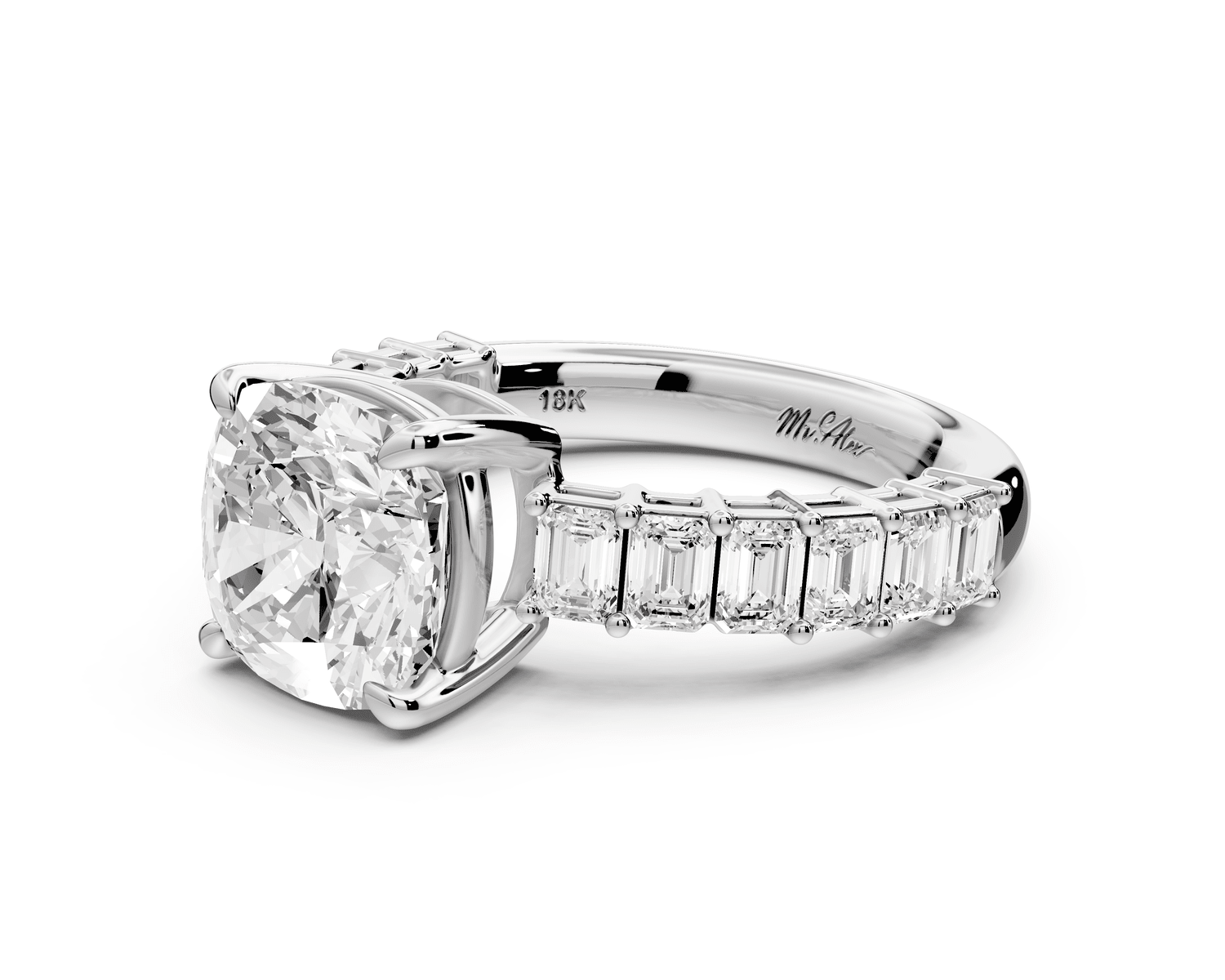 Violetta - 3ct 18k white gold cushion diamond with emerald cut accent stones engagement ring - Mr. Alex Jewelry
