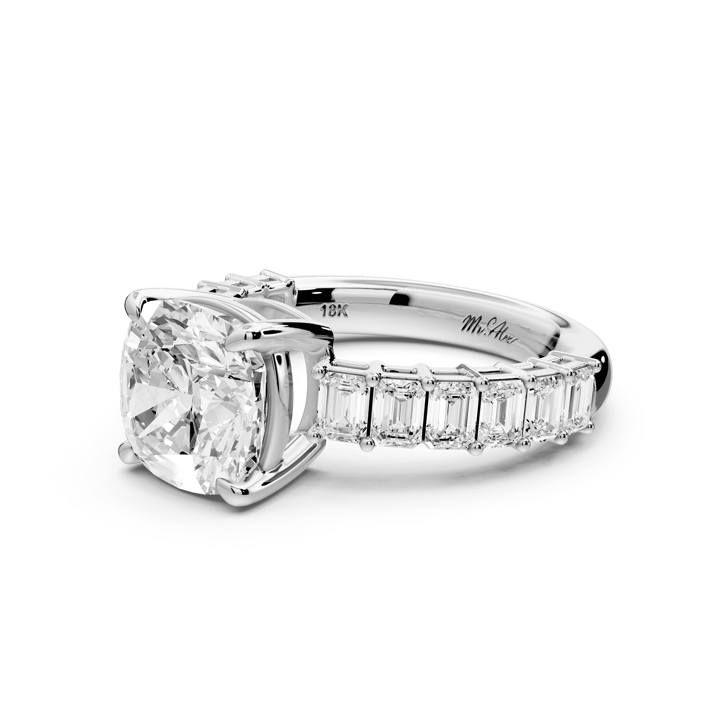 Violetta - 3ct 18k white gold cushion diamond with emerald cut accent stones engagement ring - Mr. Alex Jewelry
