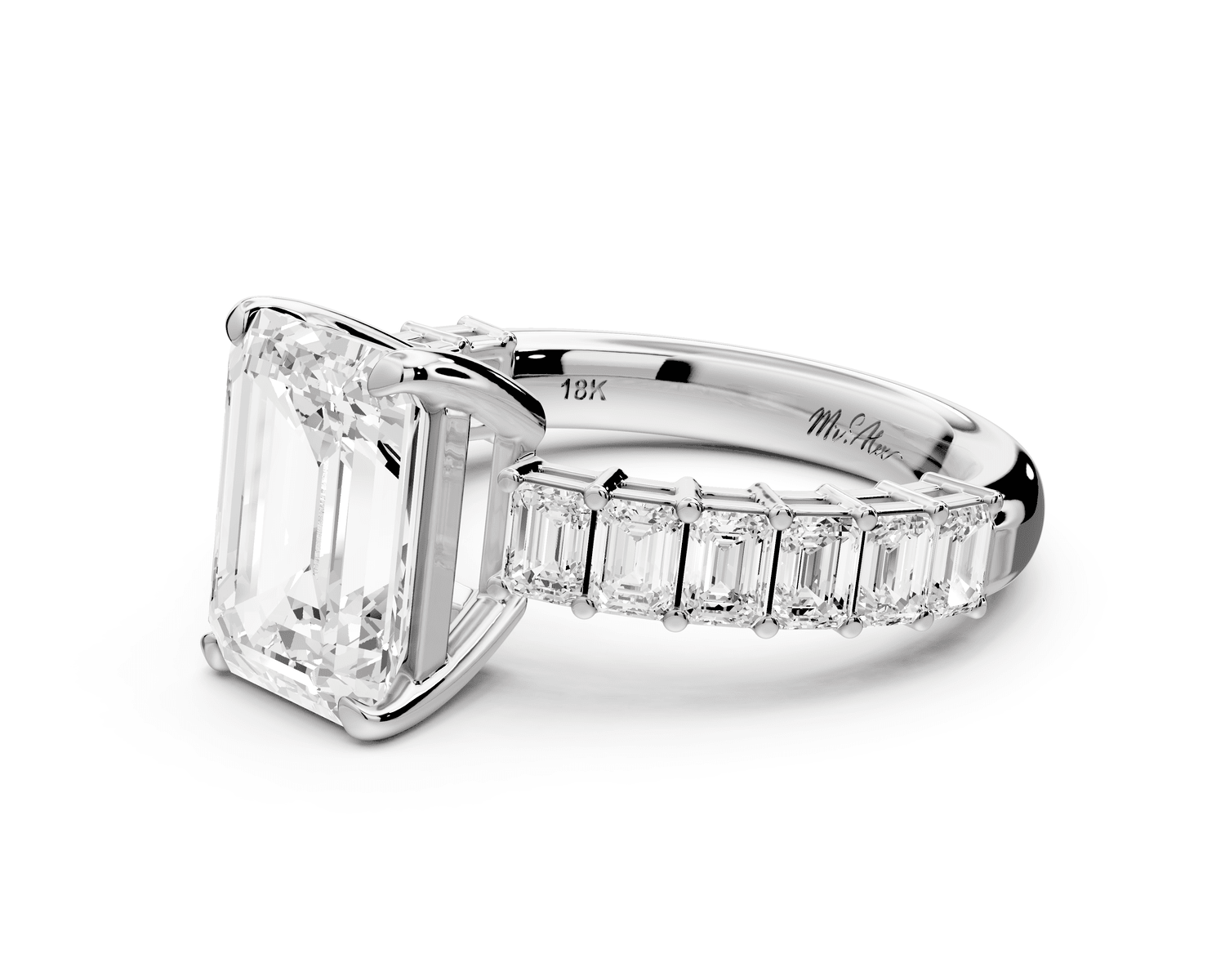 Violetta - 3ct 18k white gold emerald diamond with emerald cut accent stones engagament ring - Mr. Alex Jewelry