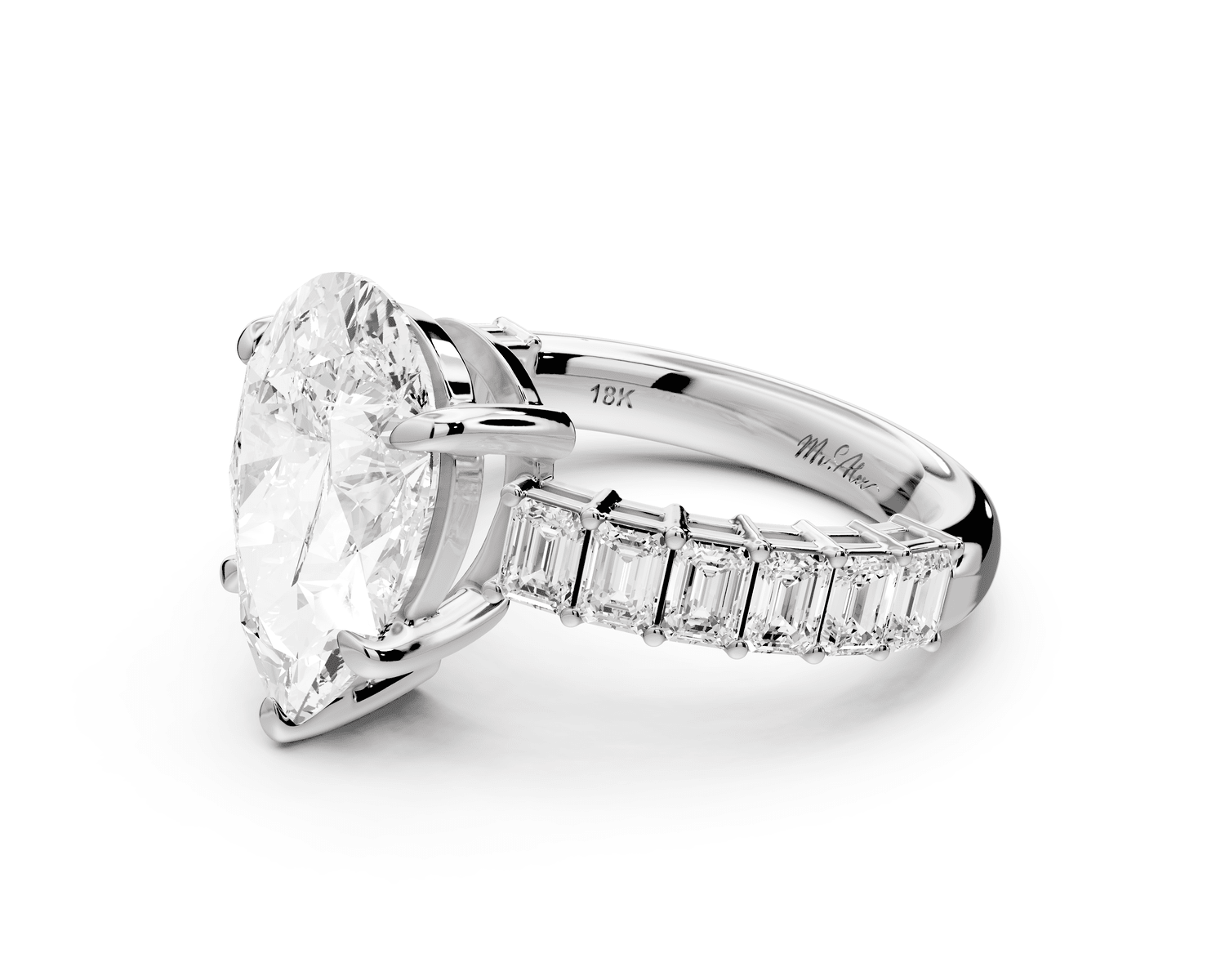 Violetta - 3ct 18k white gold pear diamond with emerald cut accent stones engagament ring - Mr. Alex Jewelry