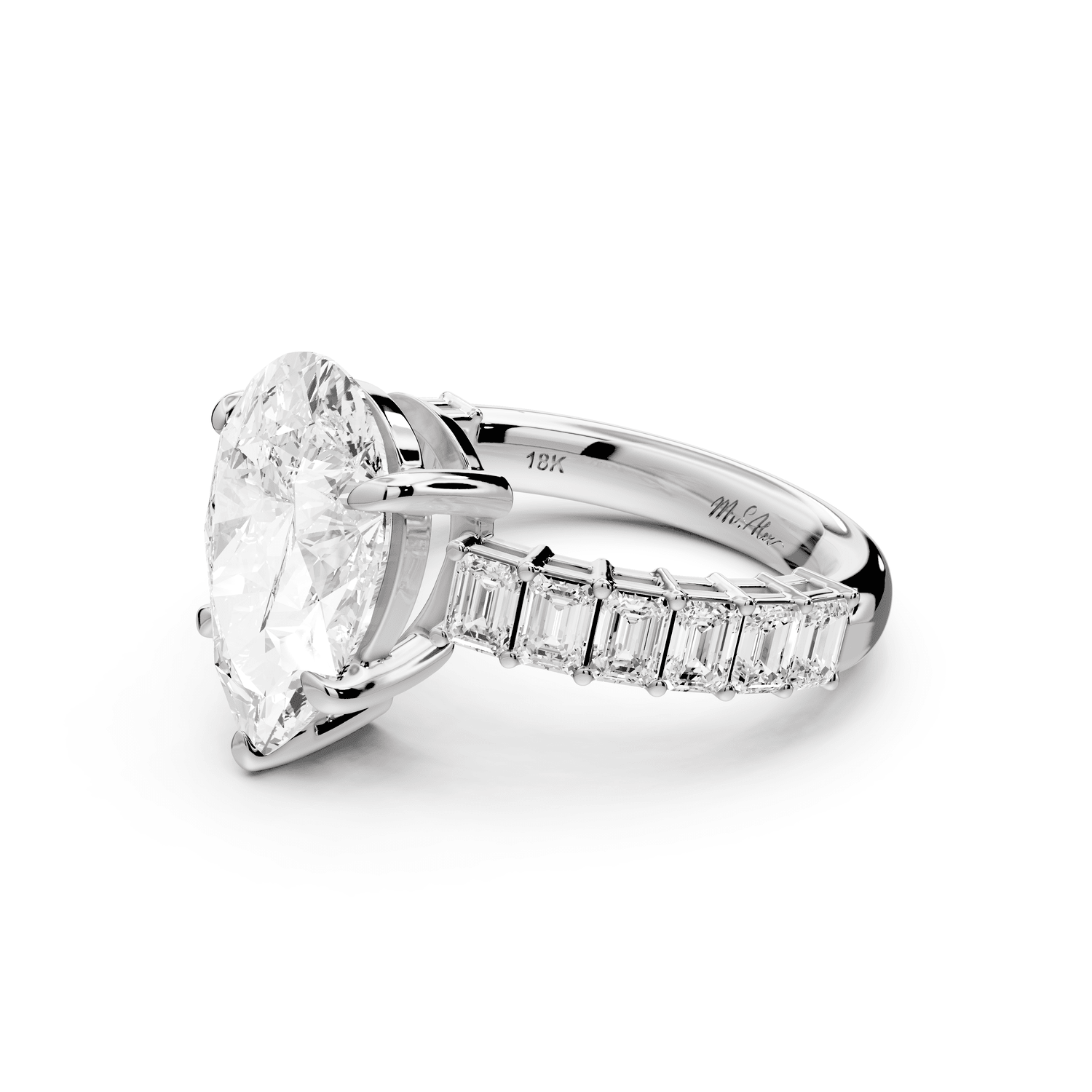 Violetta - 3ct 18k white gold pear diamond with emerald cut accent stones engagament ring - Mr. Alex Jewelry