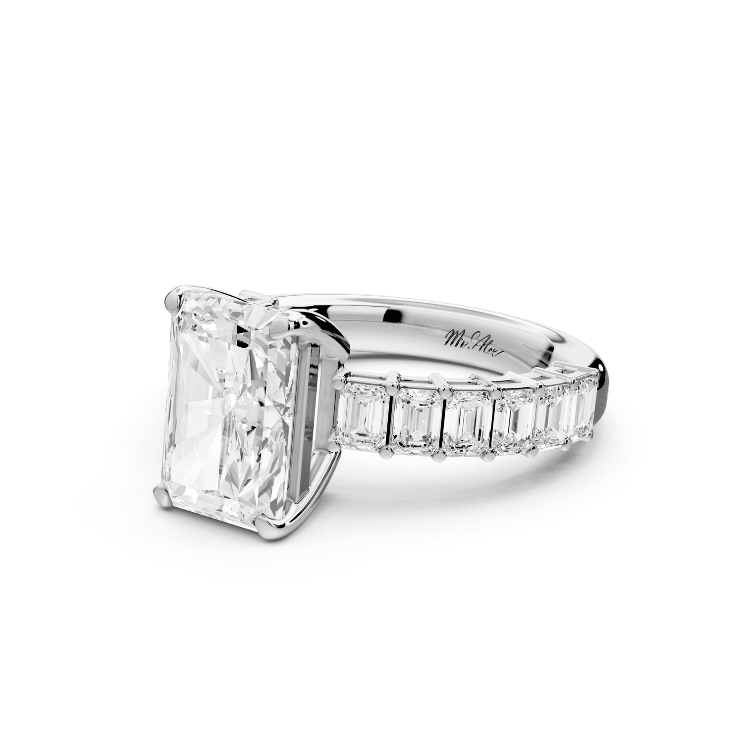 Violetta - 3ct 18k white gold radiant diamond with emerald cut accent stones engagement ring - Mr. Alex Jewelry