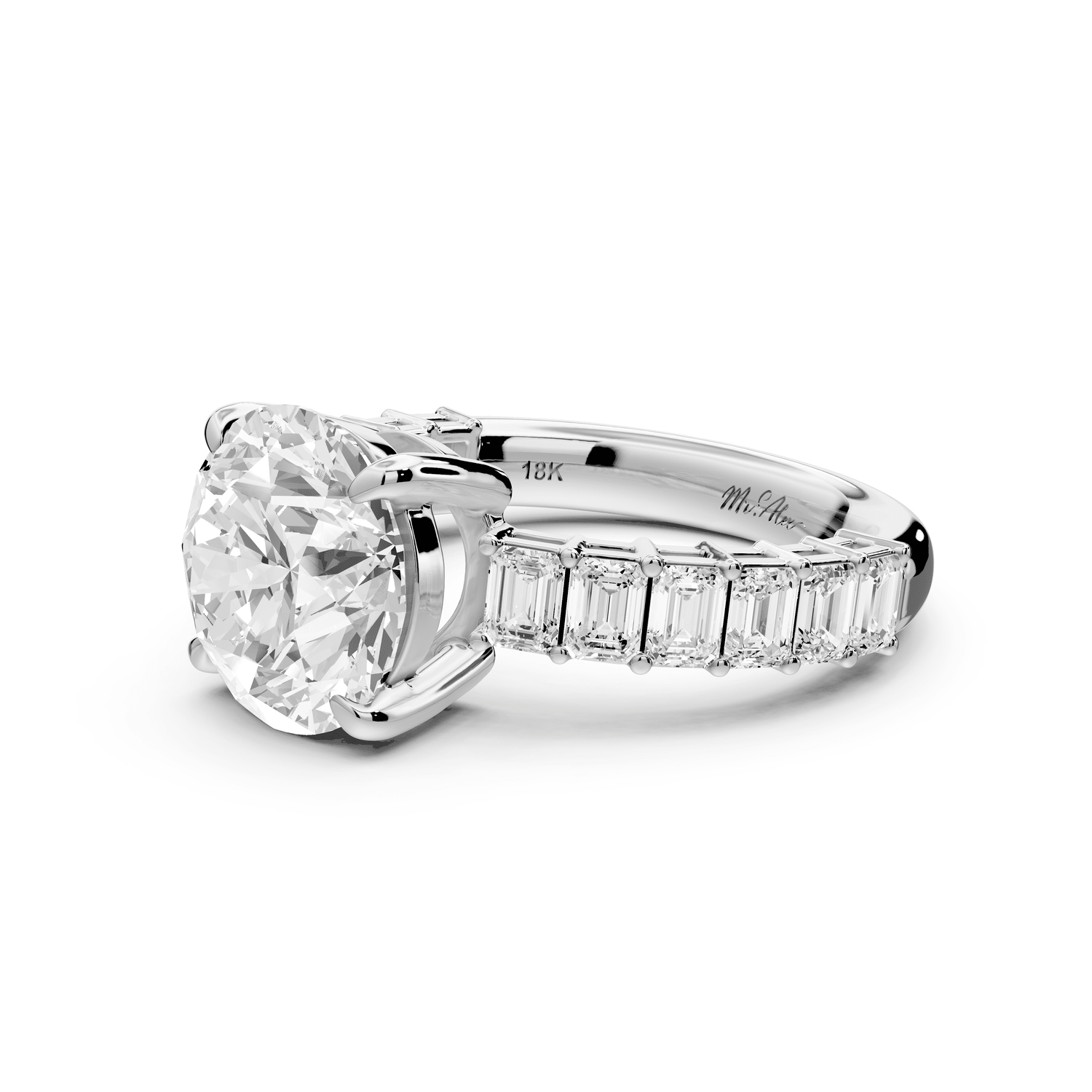 Violetta - 3ct 18k white gold round diamond with emerald cut accent stones engagement ring - Mr. Alex Jewelry