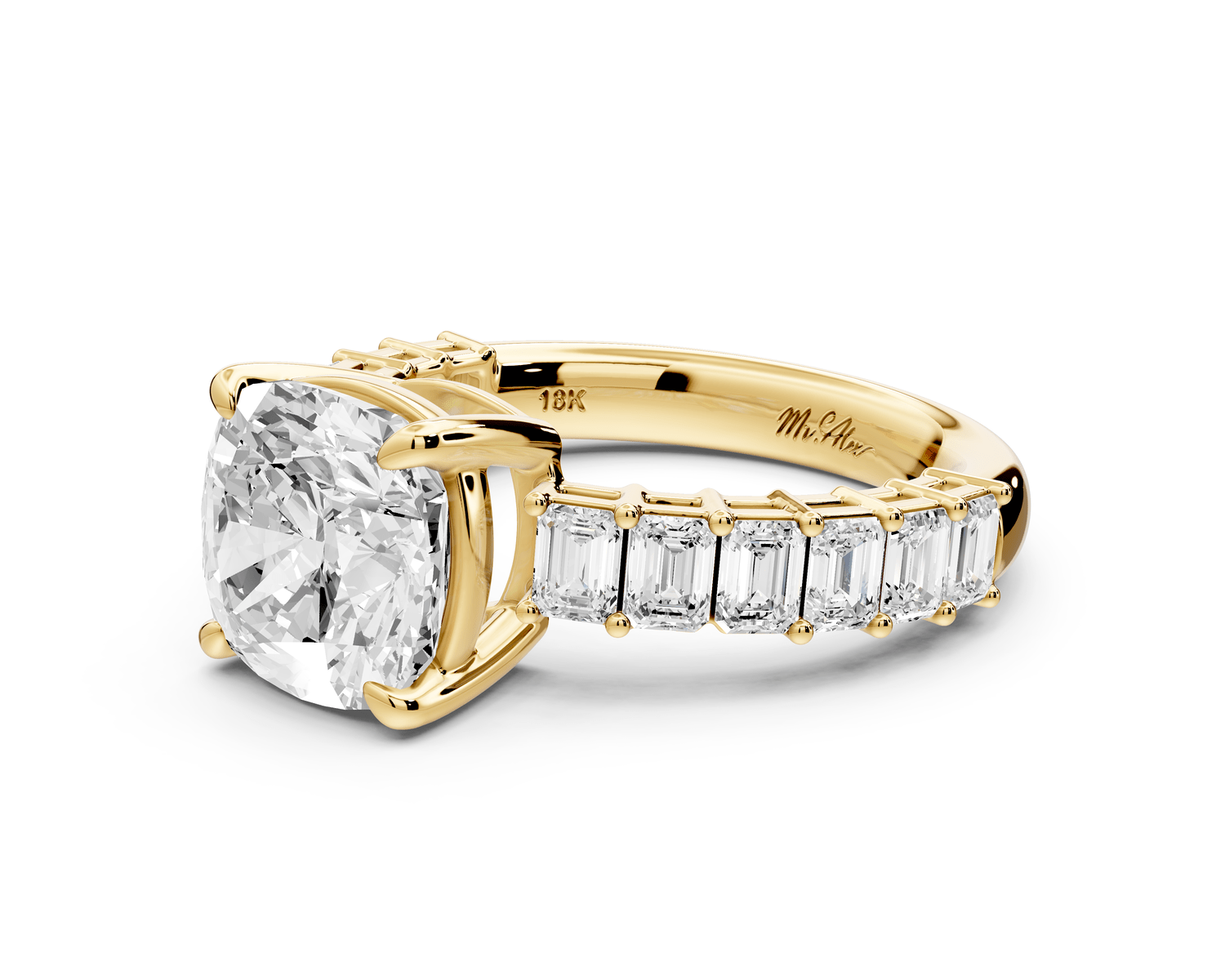 Violetta - 3ct 18k yellow gold cushion diamond with emerald cut accent stones engagement ring - Mr. Alex Jewelry