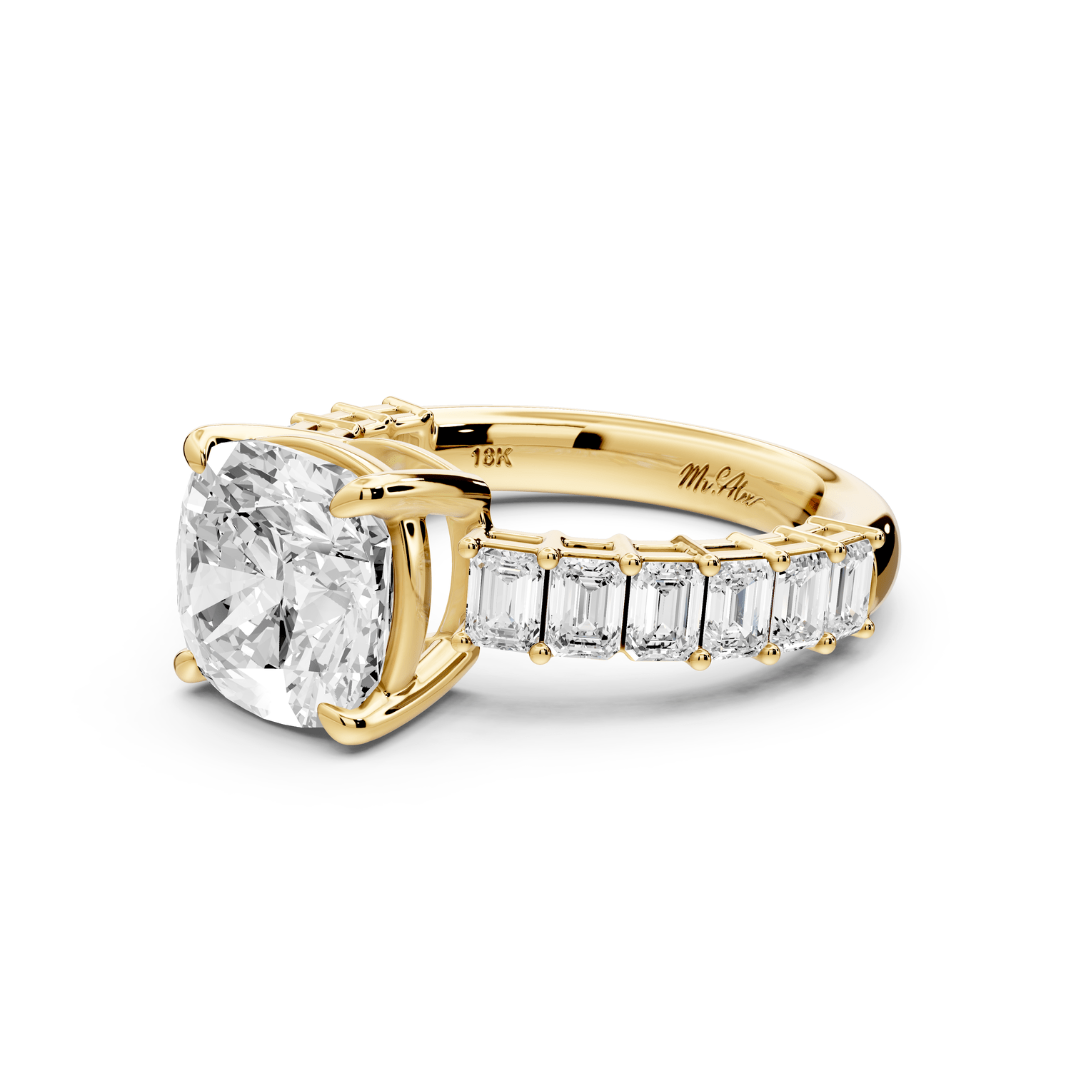 Violetta - 3ct 18k yellow gold cushion diamond with emerald cut accent stones engagement ring - Mr. Alex Jewelry