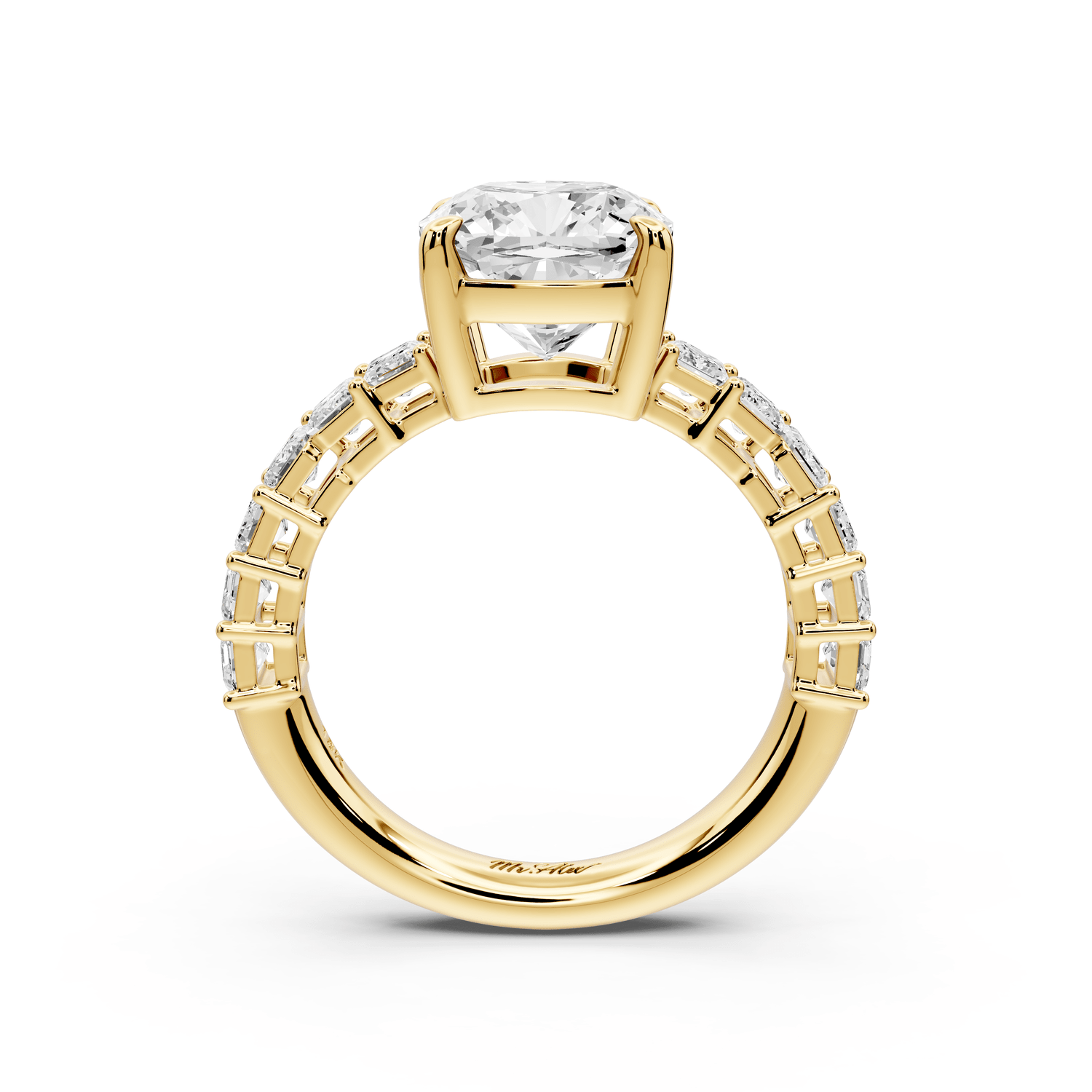 Violetta - 3ct 18k yellow gold cushion diamond with emerald cut accent stones engagement ring - Mr. Alex Jewelry