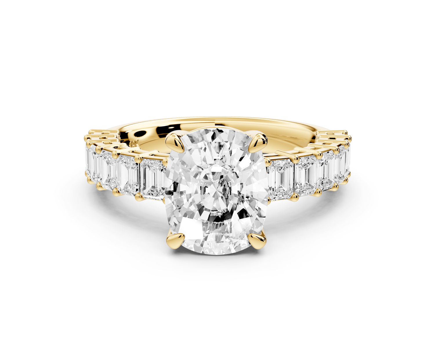 Violetta - 3ct 18k yellow gold ecushion diamond with emerald cut accent stones engagement ring - Mr. Alex Jewelry
