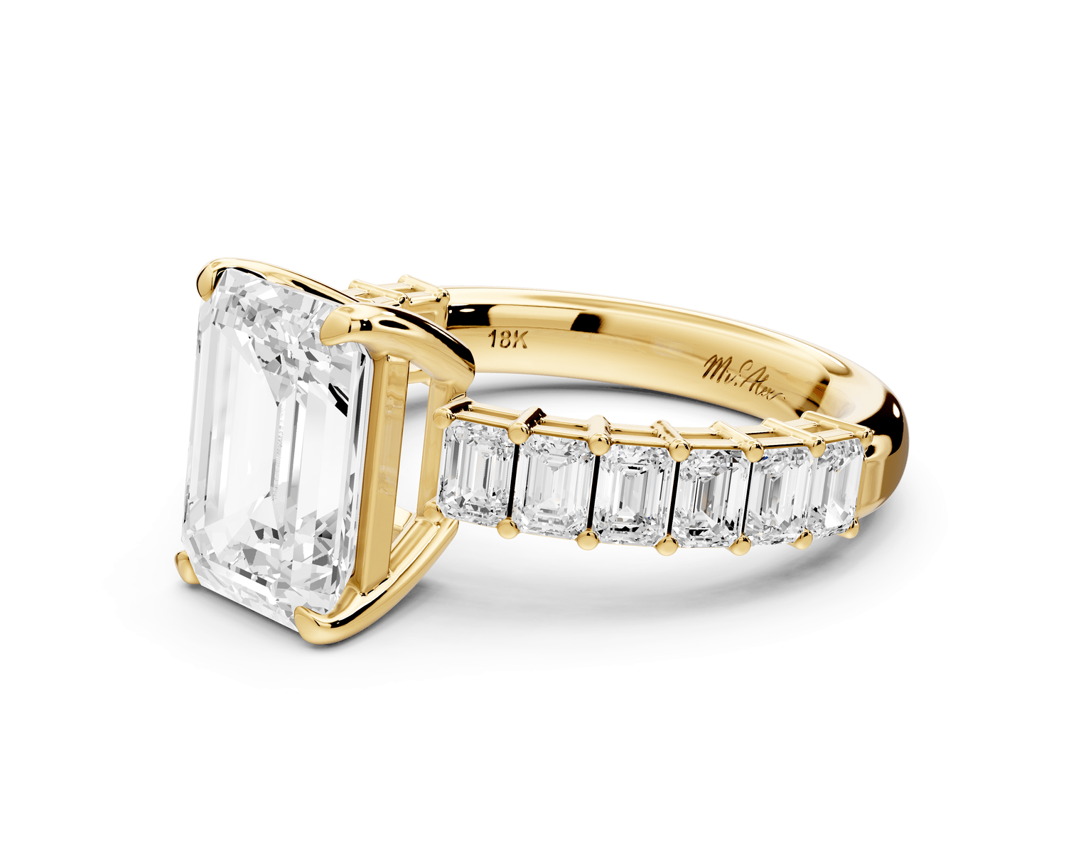 Violetta - 3ct 18k yellow gold emerald diamond with emerald cut accent stones engagament ring - Mr. Alex Jewelry