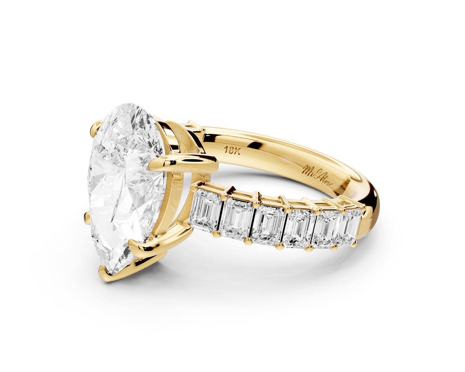 Violetta - 3ct 18k yellow gold pear diamond with emerald cut accent stones engagament ring - Mr. Alex Jewelry