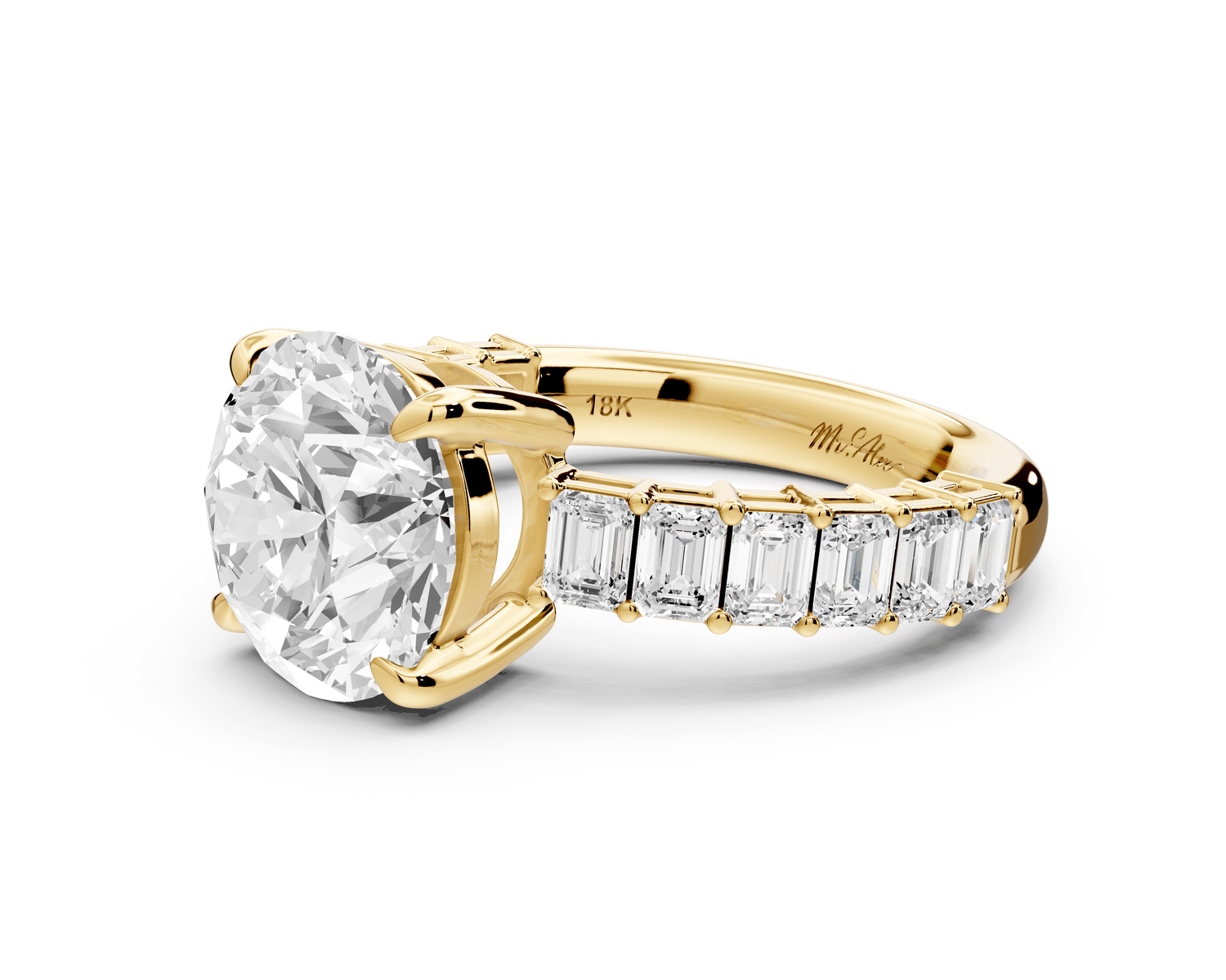 Violetta - 3ct 18k yellow gold round diamond with emerald cut accent stones engagement ring - Mr. Alex Jewelry