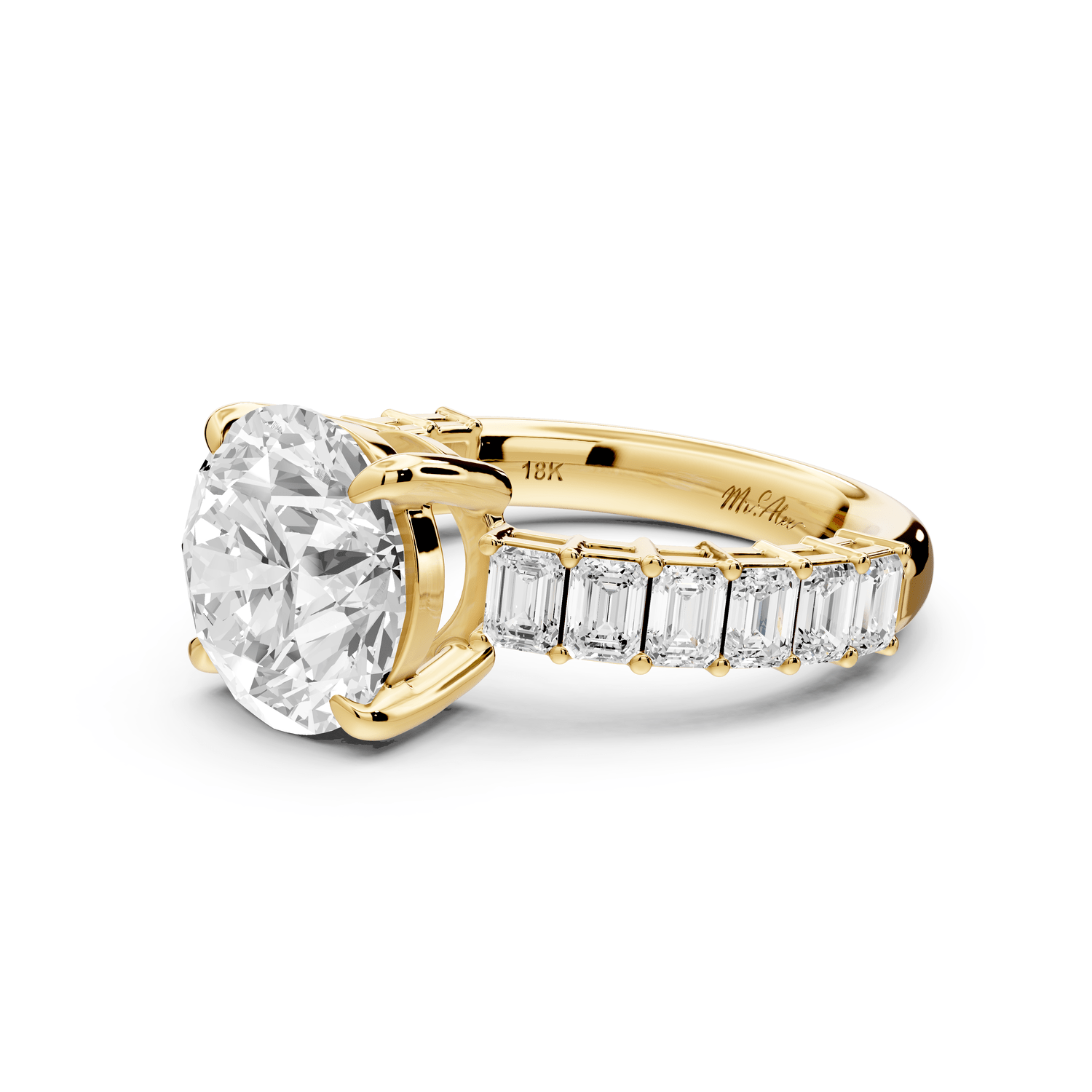 Violetta - 3ct 18k yellow gold round diamond with emerald cut accent stones engagement ring - Mr. Alex Jewelry