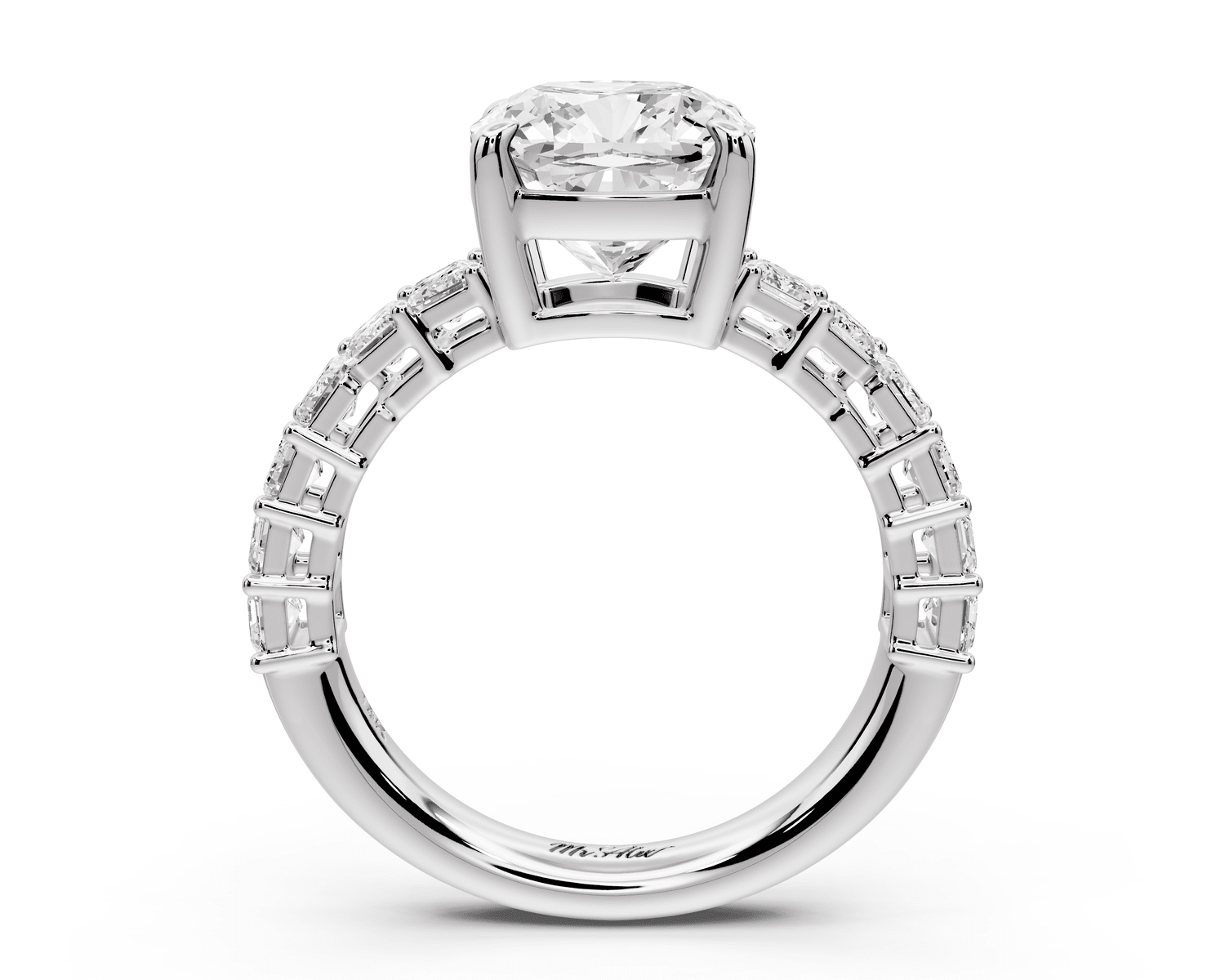 Violetta - 3ct platinum cushion diamond with emerald cut accent stones engagement ring - Mr. Alex Jewelry