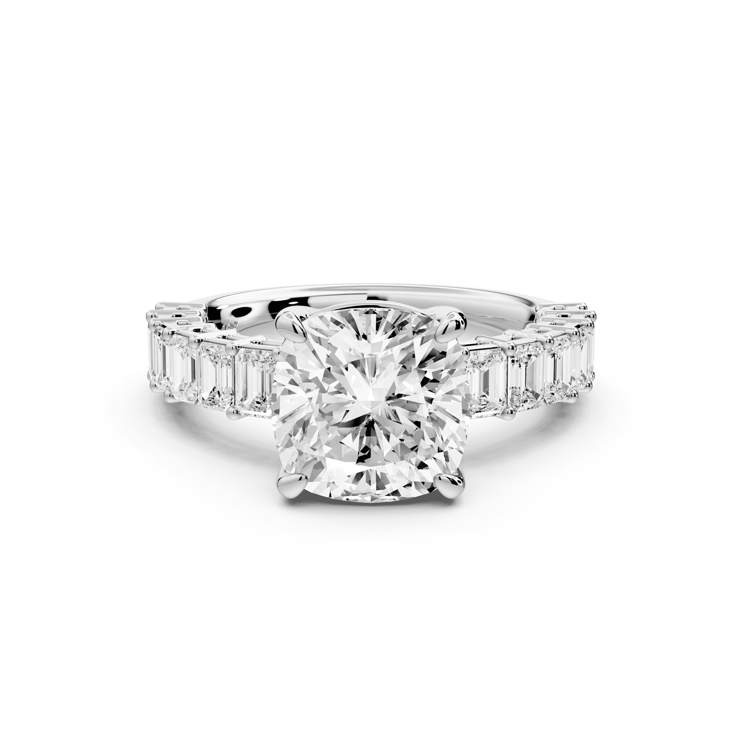 Violetta - 3ct platinum cushion diamond with emerald cut accent stones engagement ring - Mr. Alex Jewelry