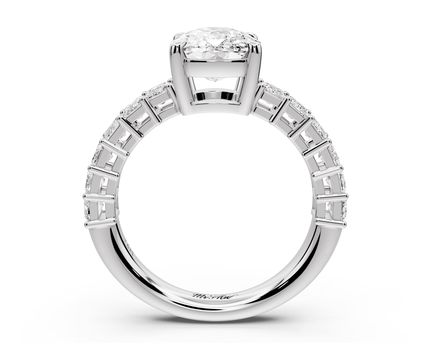 Violetta - 3ct platinum ecushion diamond with emerald cut accent stones engagement ring - Mr. Alex Jewelry