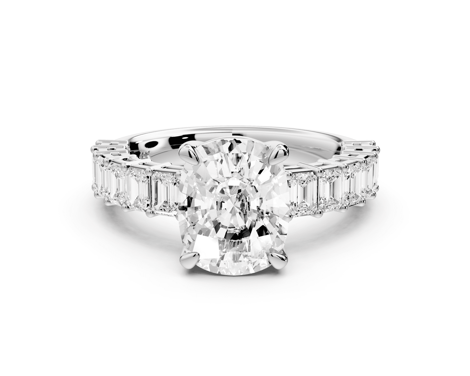 Violetta - 3ct platinum ecushion diamond with emerald cut accent stones engagement ring - Mr. Alex Jewelry