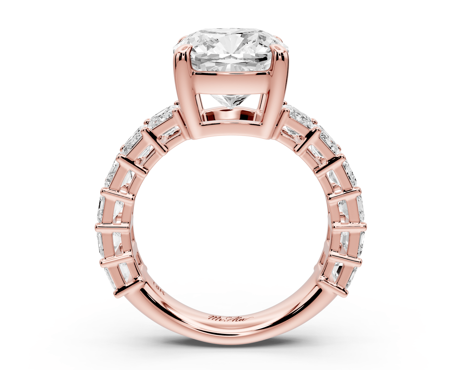 Violetta - 4ct 14k rose gold cushion diamond with emerald cut accent stones engagement ring - Mr. Alex Jewelry