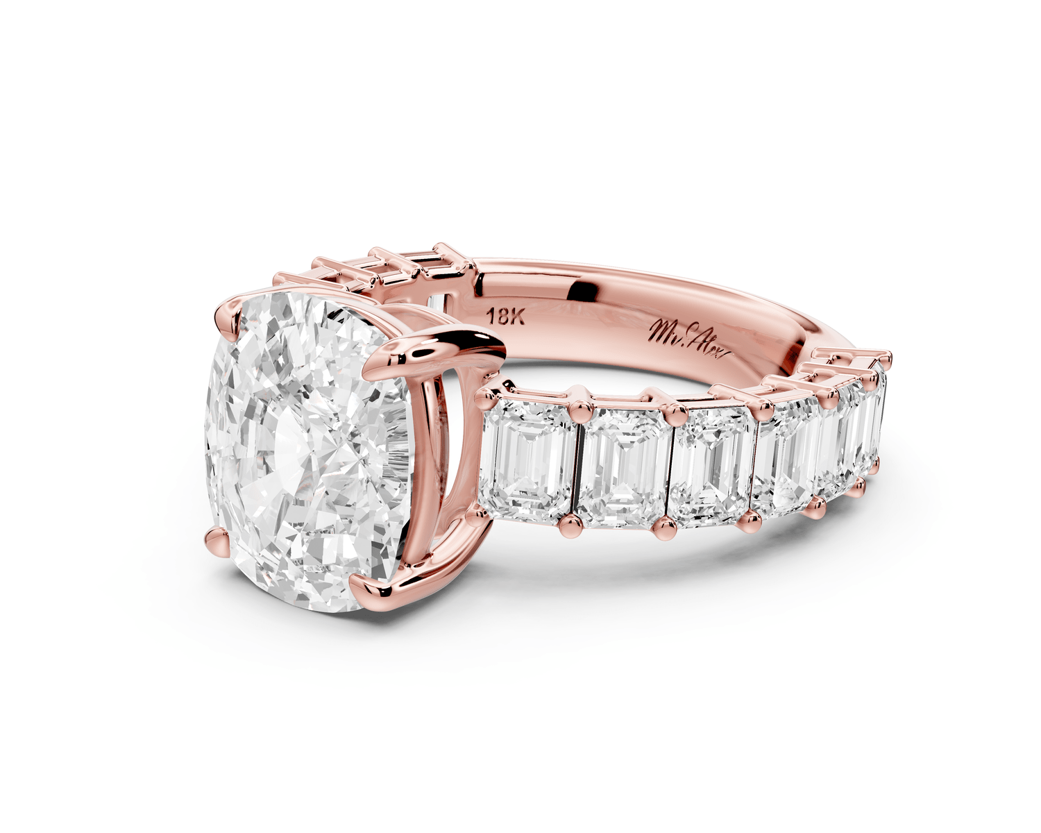 Violetta - 4ct 14k rose gold ecushion diamond with emerald cut accent stones engagement ring - Mr. Alex Jewelry
