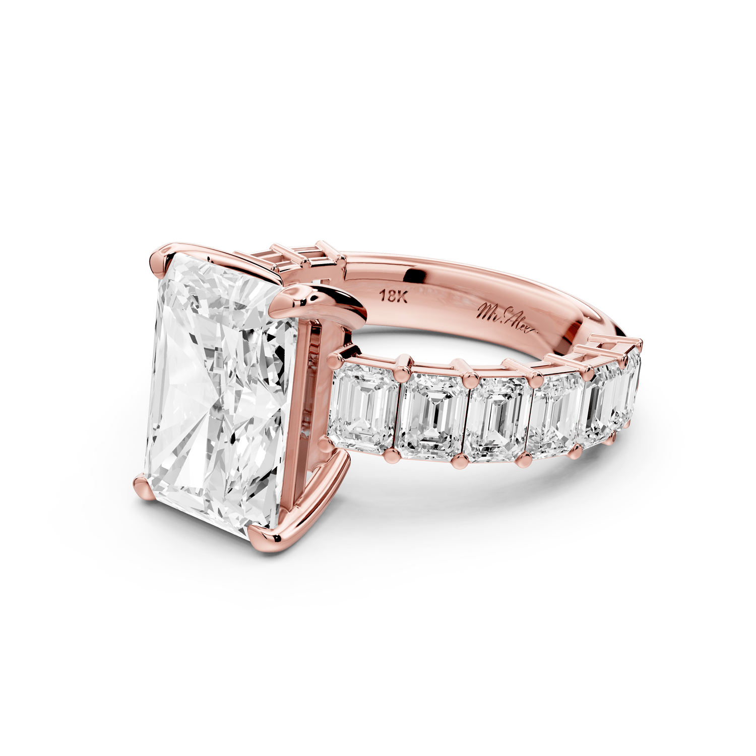 Violetta - 4ct 14k rose gold radiant diamond with emerald cut accent stones engagement ring - Mr. Alex Jewelry