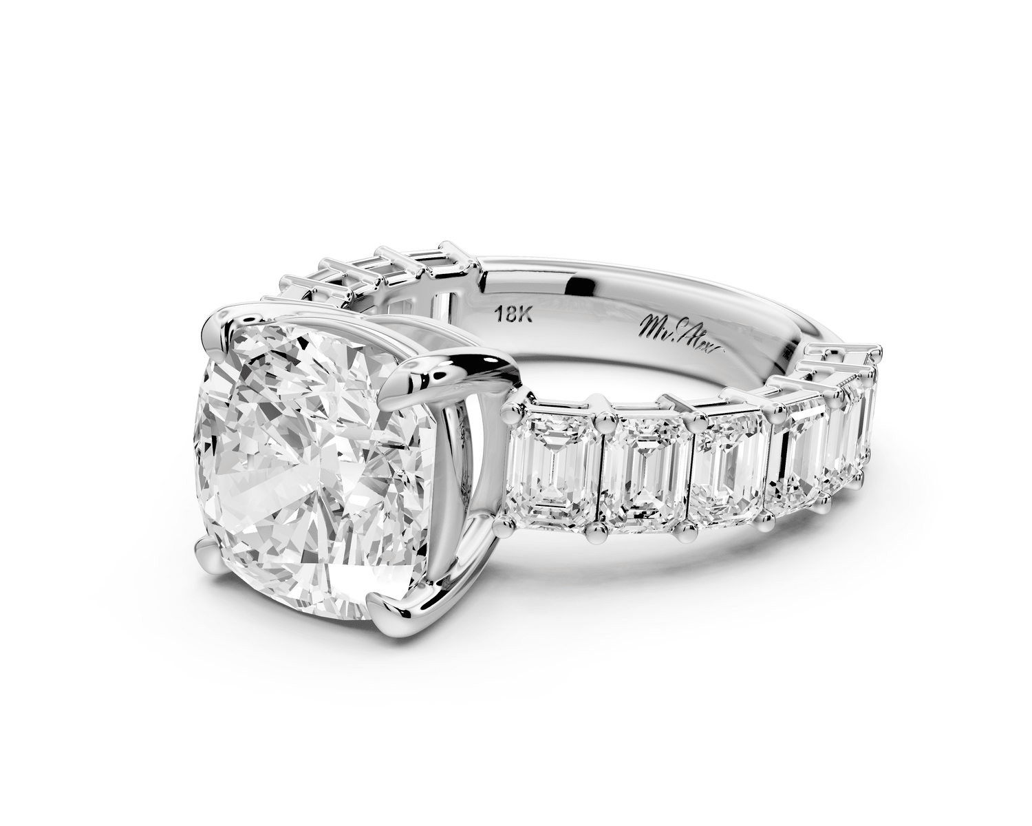 Violetta - 4ct 14k white gold cushion diamond with emerald cut accent stones engagement ring - Mr. Alex Jewelry