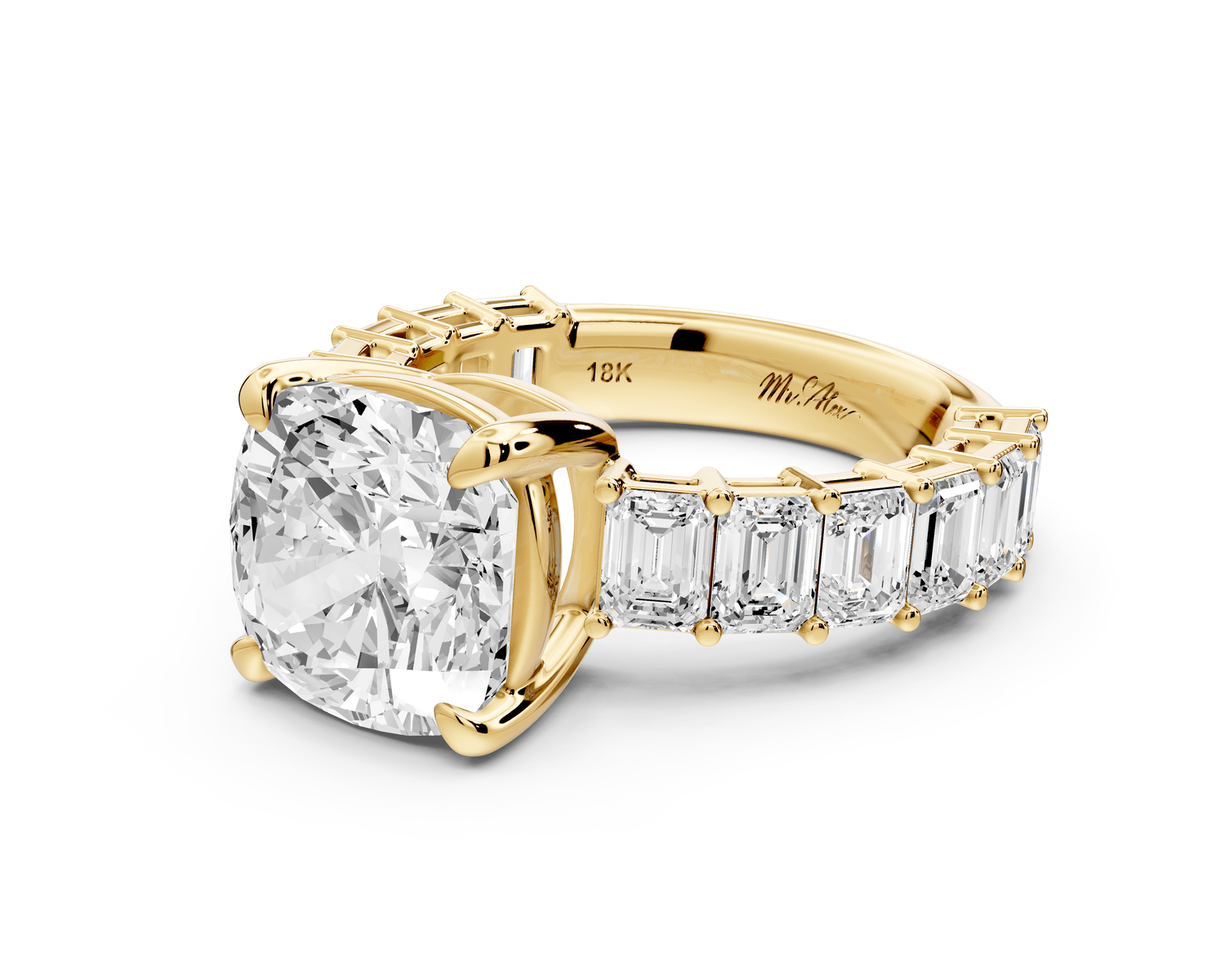 Violetta - 4ct 14k yellow gold cushion diamond with emerald cut accent stones engagement ring - Mr. Alex Jewelry