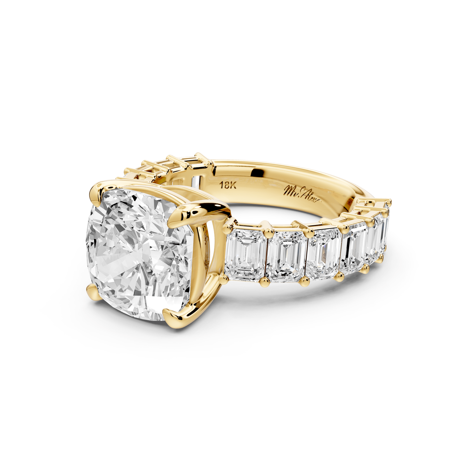 Violetta - 4ct 14k yellow gold cushion diamond with emerald cut accent stones engagement ring - Mr. Alex Jewelry