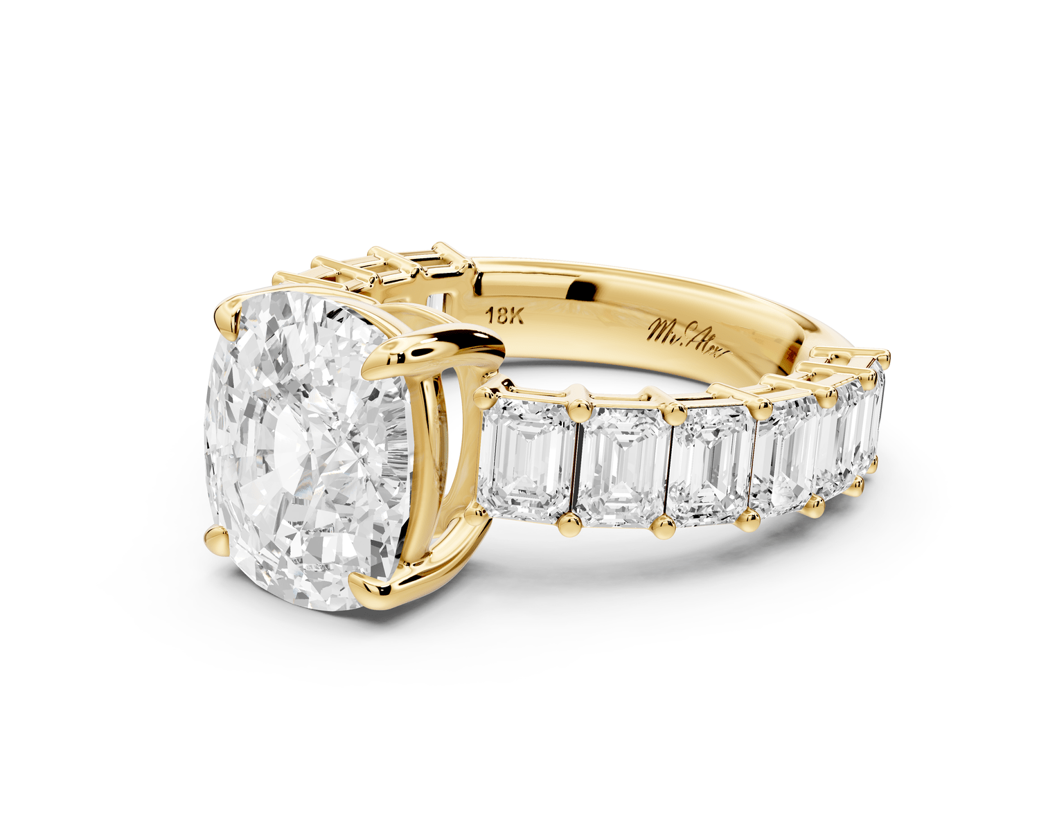 Violetta - 4ct 14k yellow gold ecushion diamond with emerald cut accent stones engagement ring - Mr. Alex Jewelry